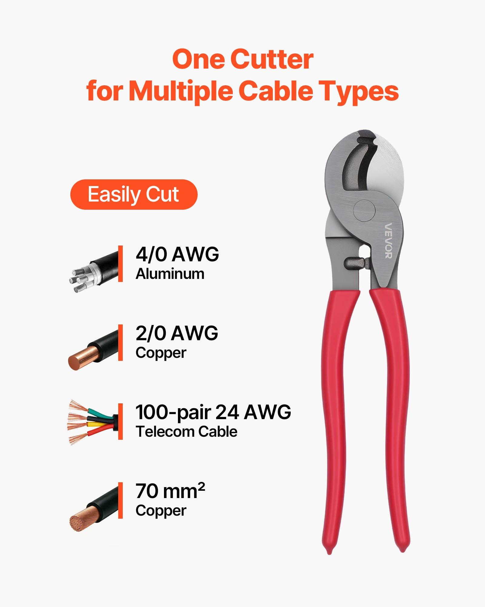 VEVOR High Leverage Cable Cutter, 9-1/4 in Compact Cutting Pliers, Forged Blades, PVC-Coated Handles, Heavy Duty Tool for 4/0 AWG Aluminum, 2/0 AWG Soft Copper, 100-Pair 24AWG Comm Cables, Pvc Handles