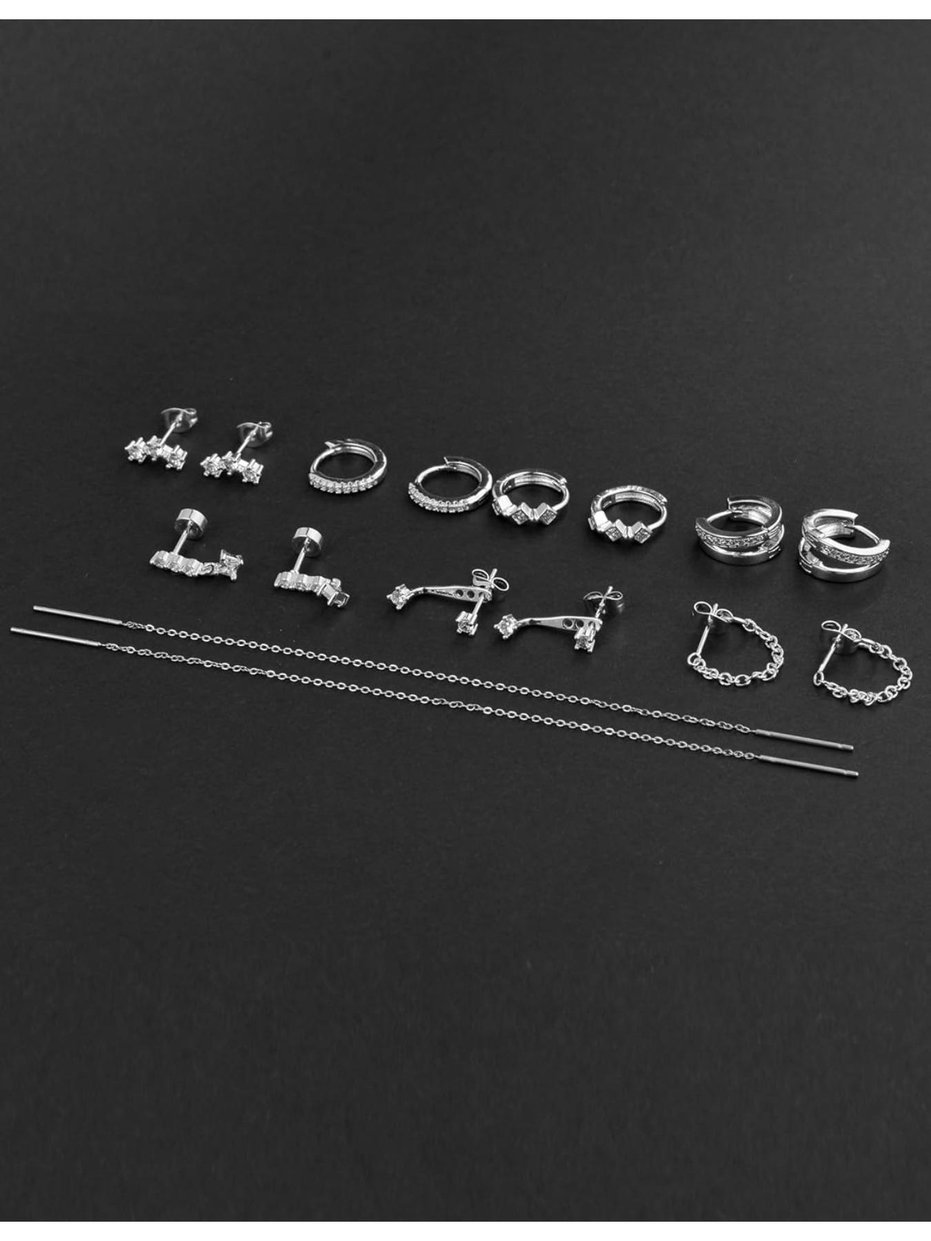 8 Pairs 18K Gold Plated Small Hoop Earring CZ Cartilage Stud Earring for Women Long Chain Drop Dangle Stack Earrings for Multiple Piercings Gold Silver Tone