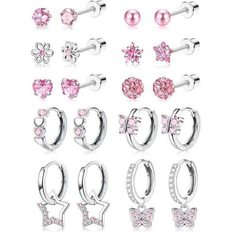 CASSIECA High Quality Surgical Steel Screw Back Pink Earrings Set Hypoallergenic Lightweight Pink Dangles for Sensitive Ears Women's Silver Tone Metal Jewelry, Toddler Friendly Metal Coating Hoops Sohochic