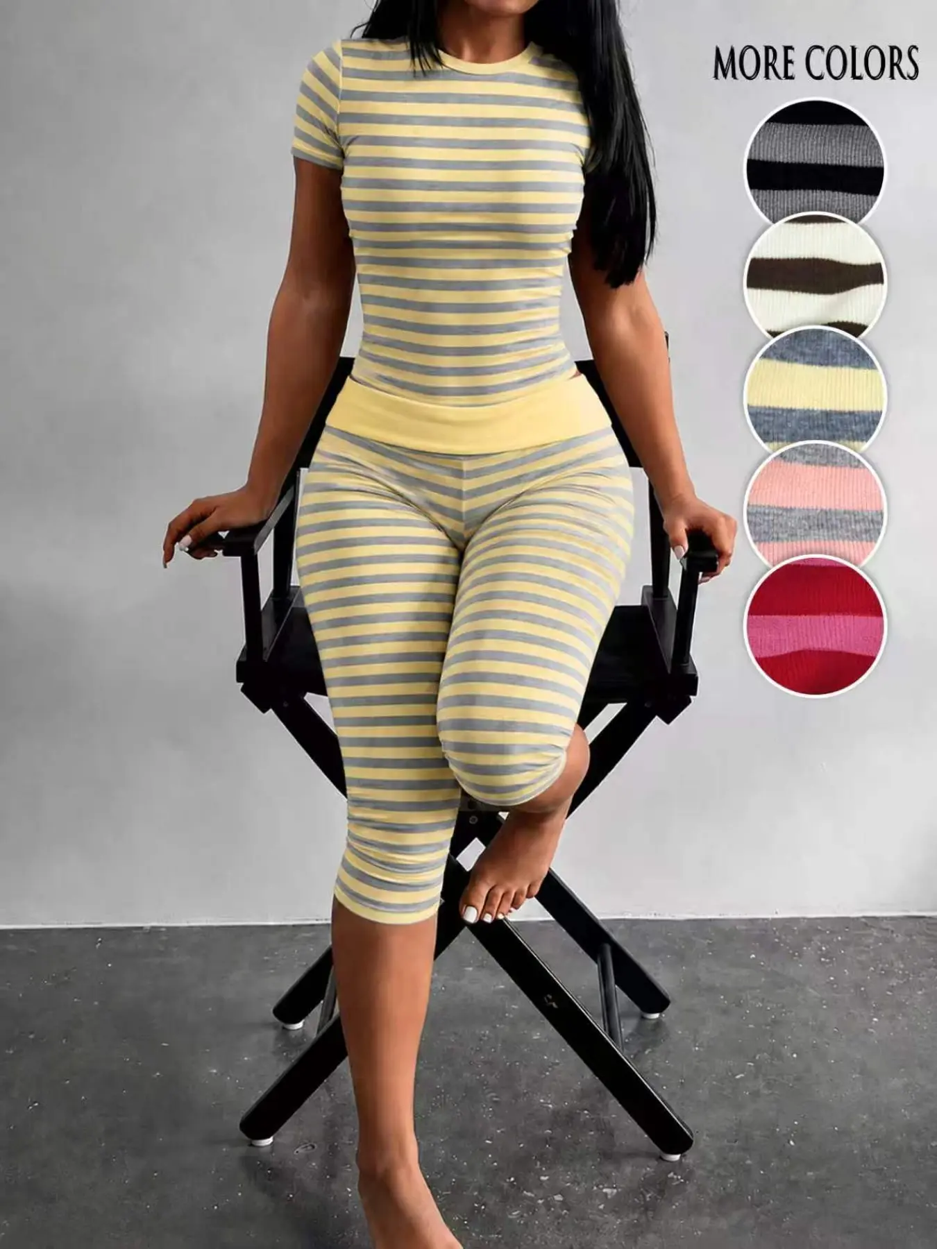 Yellow Grey Striped Two Piece Loungewear Set Crew Neck Short Sleeve Slim Crop Top High Waist Capri Leggings Stretch Fitted Matching Outfit ideal for home relaxation gym training grocery runs and casual everyday all season comfy outfits Multicolor