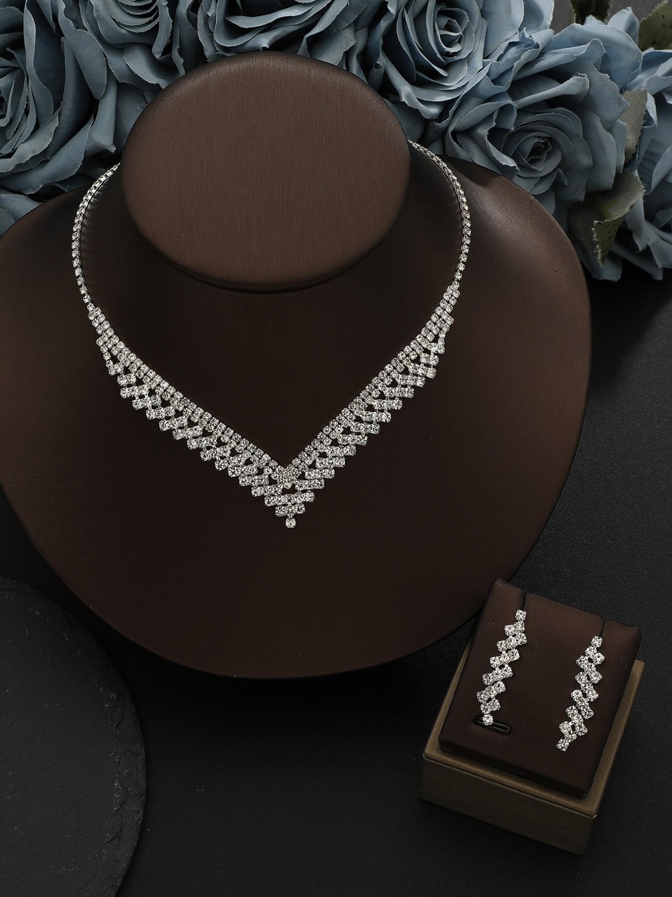 Vintage Luxurious Full Diamond V-Neck Necklace Earrings Set, Bride Wedding Dinner Elegant Accessories, Casual All Seasons Style