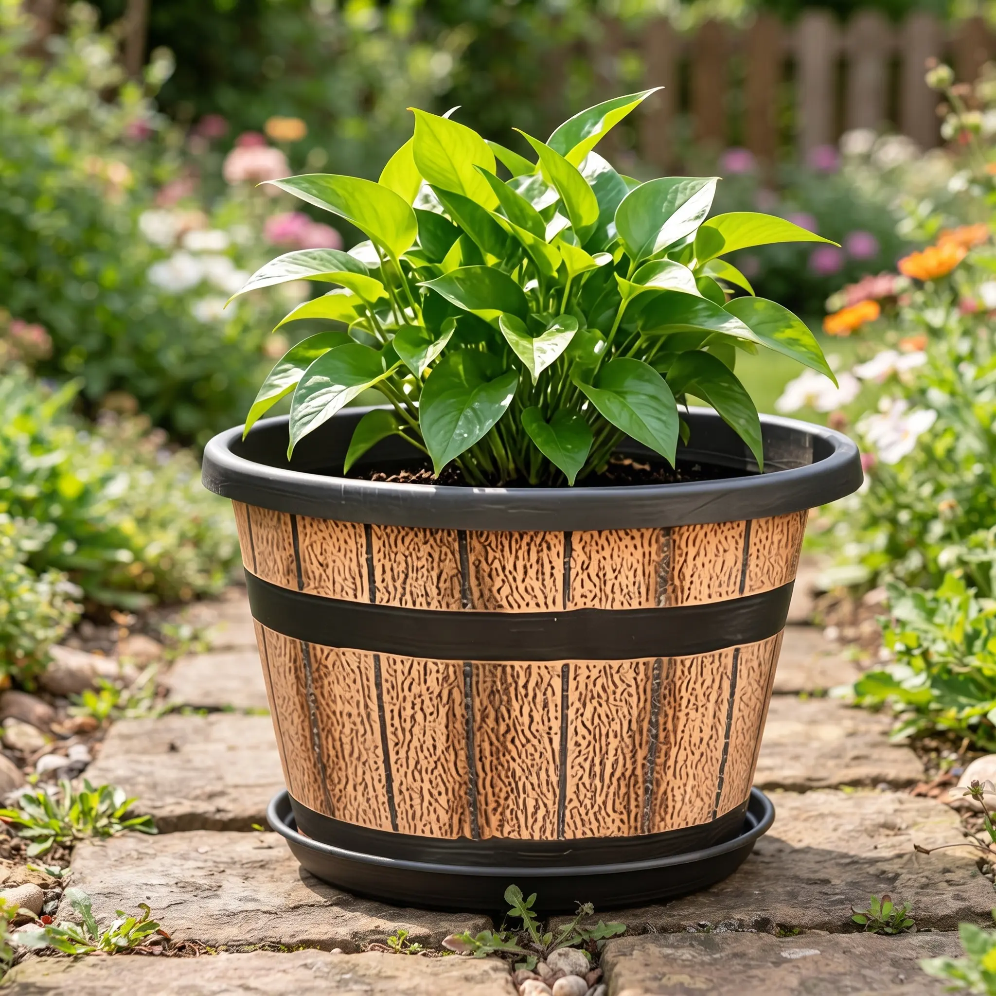 Vintage Whiskey Barrel Planter - Barrel Shape Rustic Plastic Plant Container, Indoor-Outdoor Plant Pot, Retro Garden Decor & Housewarming Gift