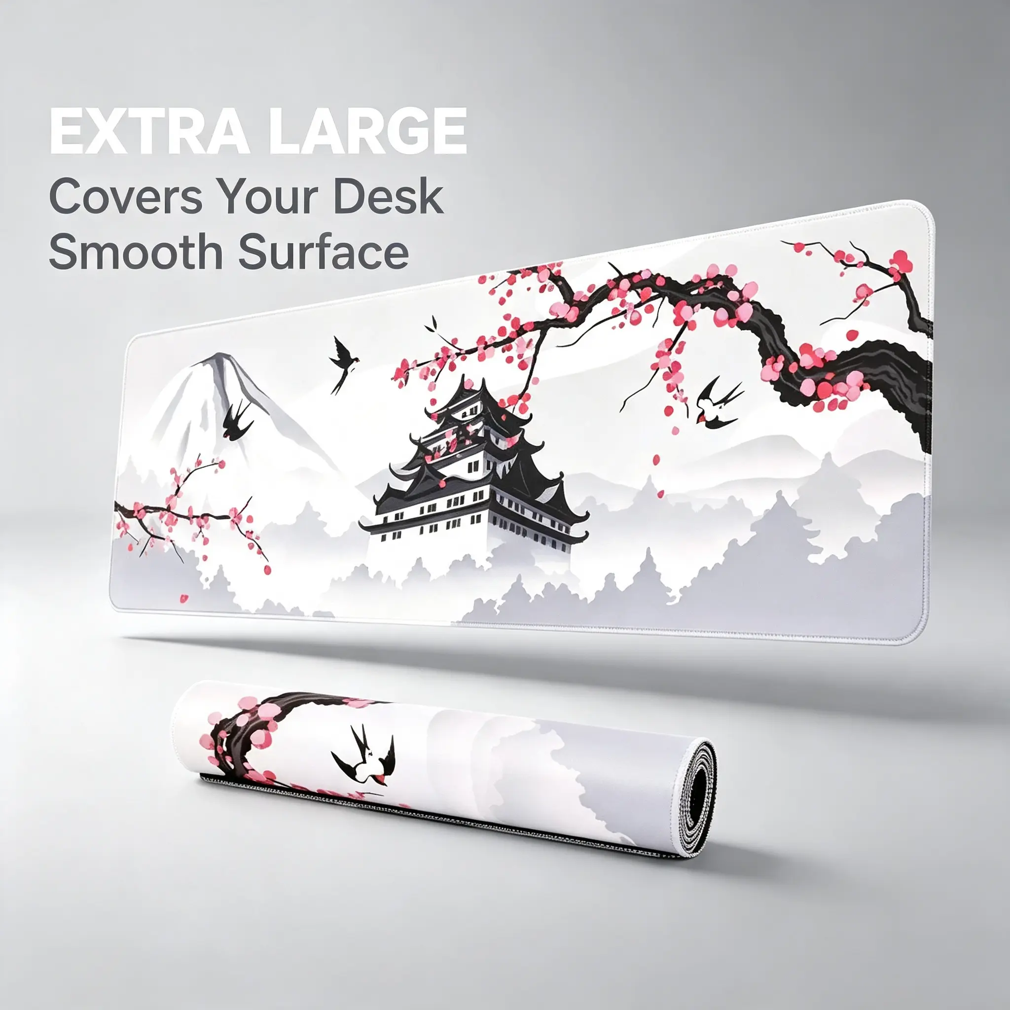 Japanese Cherry Blossom Castle Fuji Mountain Large Gaming Mouse Pad, Cloth Surface With Anti Slip Rubber Base, Smooth Extended Keyboard Mat For Home Office And Gaming Desktop Decoration