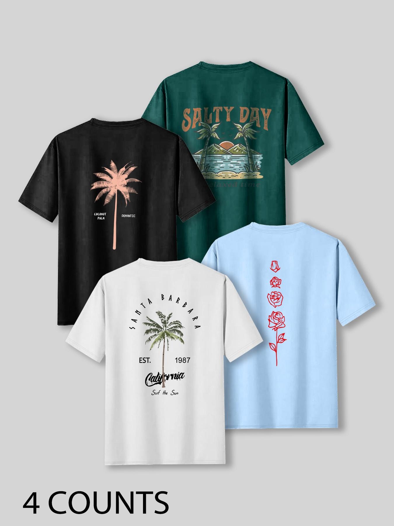 Men's Palm Tree & Letter Print Short Sleeve Graphic Tee, Regular Fit Casual Street Round Neck T-shirt for Summer, Men's Top for Daily Wear