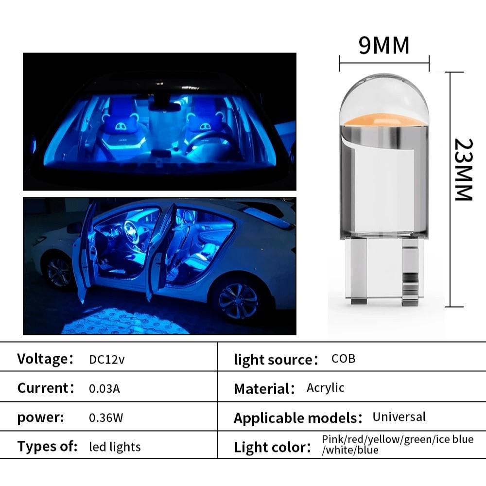 10pcs LED Light T10 COB W5w Y5w 168 194 for Car Interiors, Dome Lights, Parking Lights, Number Plate Lights, 12V Blue Lamps