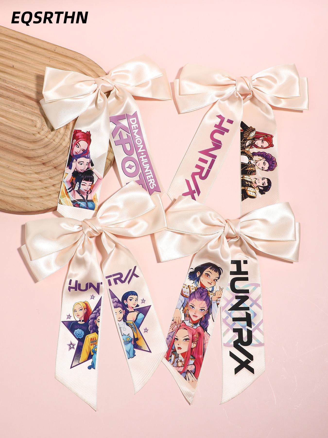 4pcs/1pcLarge Kpop Hair Bow with Girl Band Printed Ribbons | Comfortable Secure Clip | Versatile Design Hair Clip Set