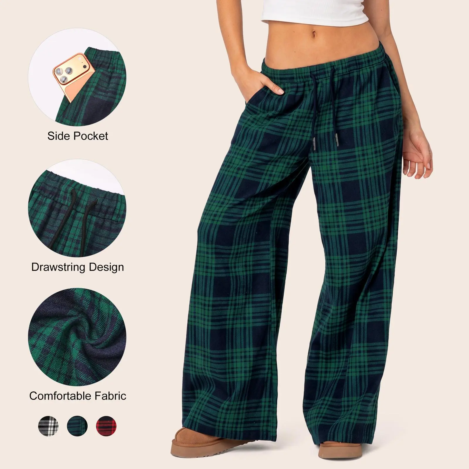 Imily Bela Women's Vintage Plaid Wide Leg Pants Drawstring Elastic Waist Lounge Pants with Pockets Loose Casual Trousers