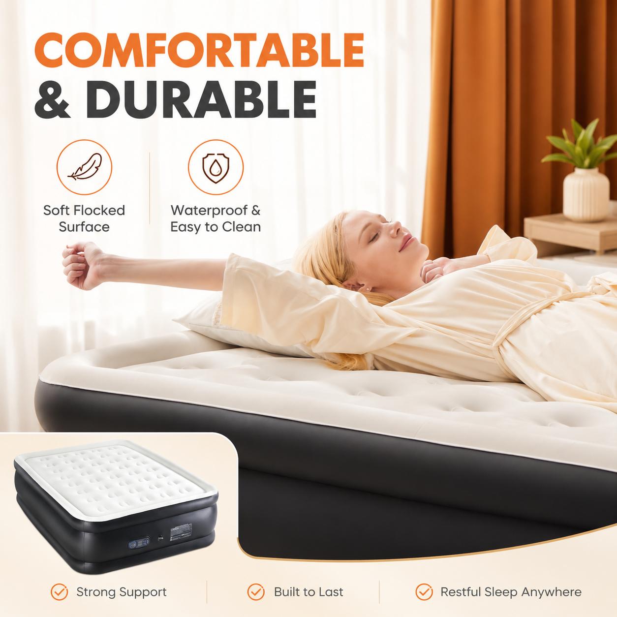 "Full Air Mattress with Built-In Pump – 18” Inflatable Airbed for Guests, Quick 3-Min Self-Inflating, Portable Blow Up Bed with Carry Bag – Type-0 Technology Air Coil, Full Size Sleep Comfort"