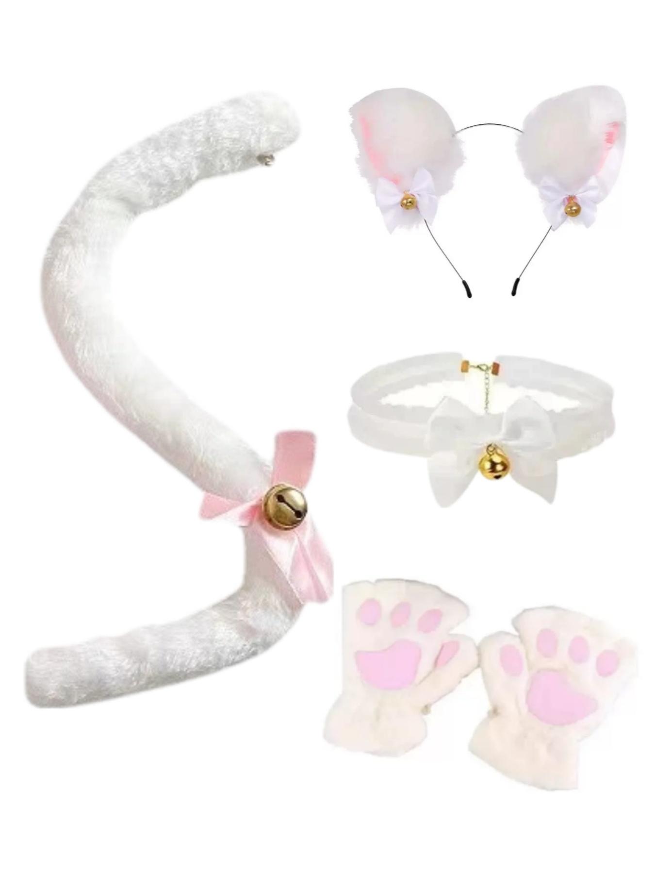 4-Piece Floral Cat Costume Set for Women, Includes Headband, Necklace, Gloves, Tail, Perfect for Halloween, Christmas, Cosplay, Performance