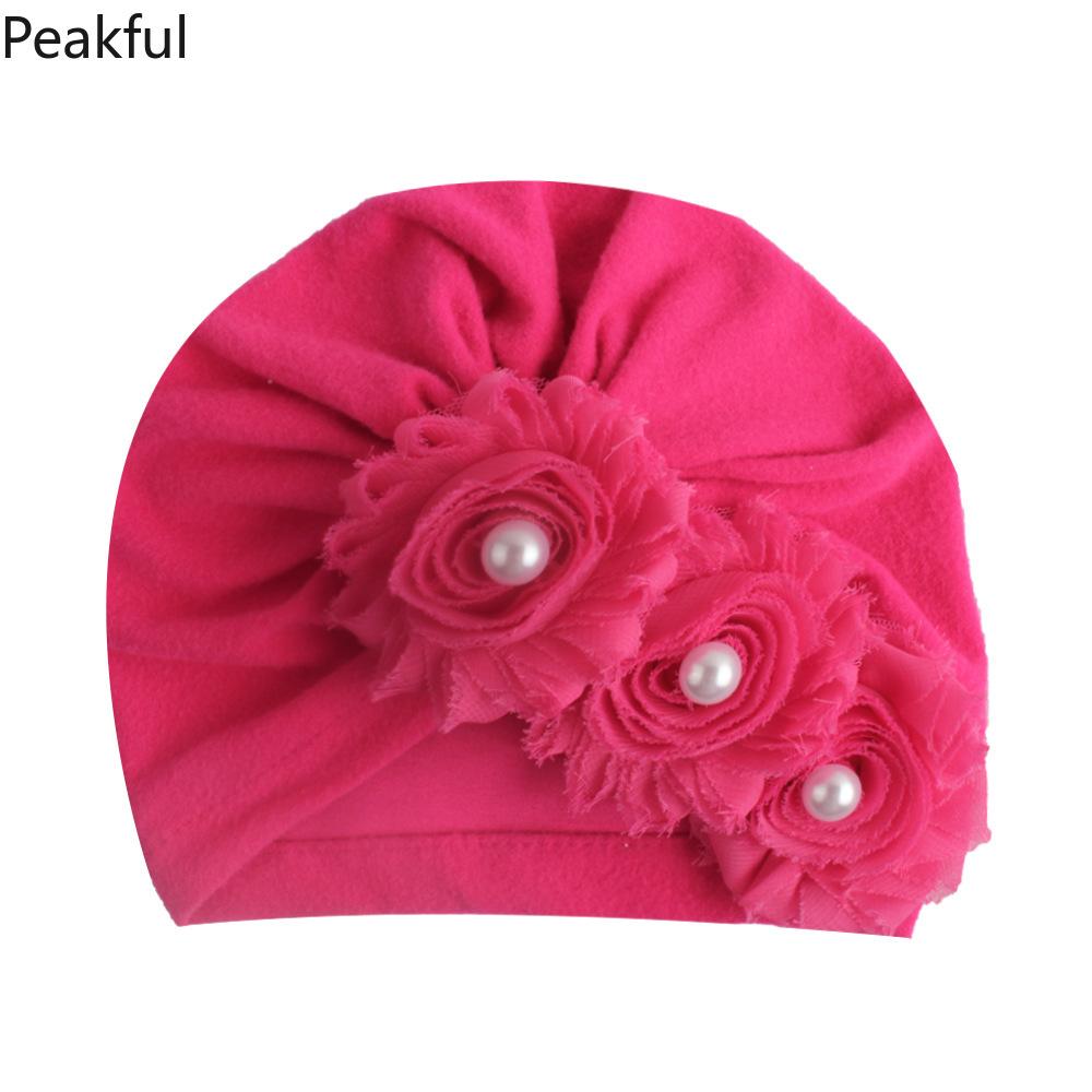 Kids Floral Pearl Decor Turban Hat, Popular Soft Cotton Baby Headwear, Elegant Toddler Headwrap, comfortable elastic design & charming flower details, great for casual outings, birthday parties and newborn photography