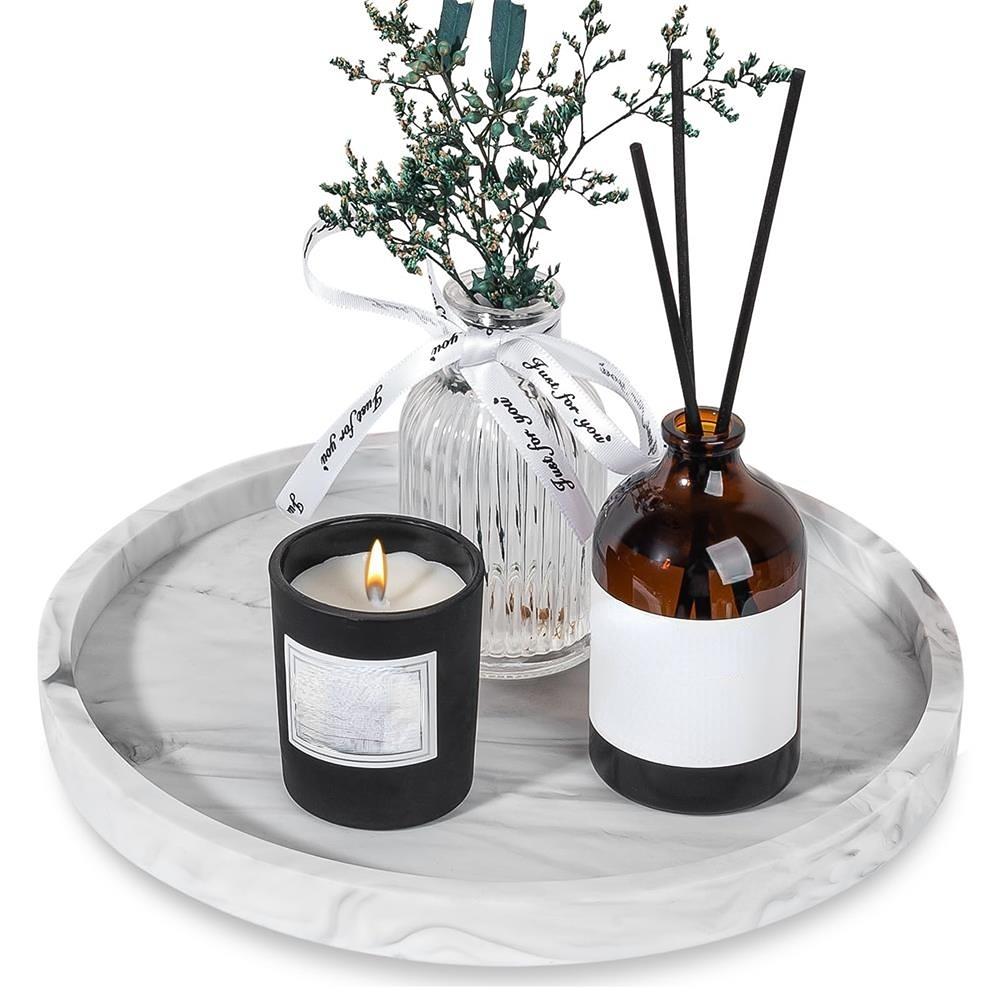 Silicone Round Bathroom Tray, 1 Count Solid Color Or Marble Pattern Makeup Tray, Kitchen Countertop Storage Rack, Home Organizer for Candle, Perfume, Bathroom Decor Supplies