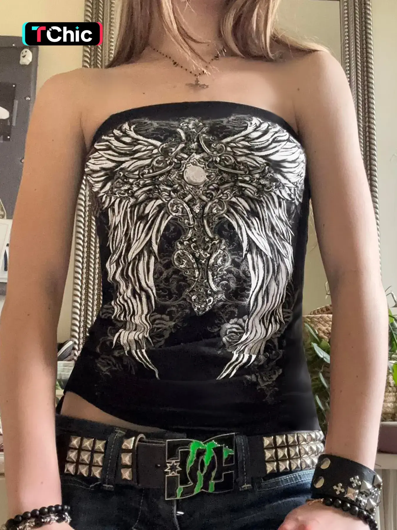 Women's Wing Print Tube Top, Bandeau, Y2K Fashion Casual Strapless Top for Daily Outdoor Wear, Ladies Goth Clothes for Summer