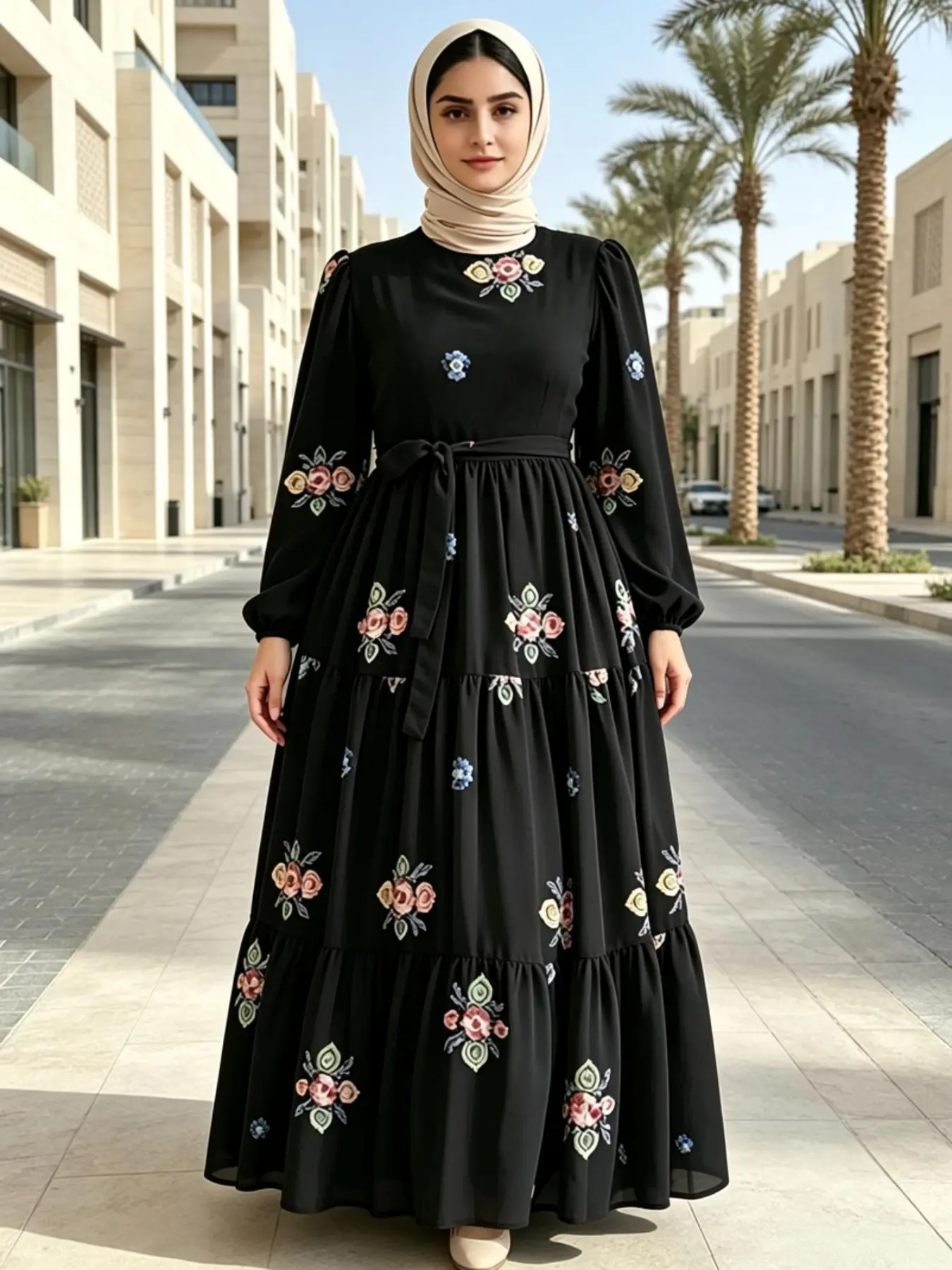 Women's Muslim Long Dress, Simple Daily Style, Adjustable Waist Belt, Colorful Floral Print, Loose Fit, Breathable, All Seasons