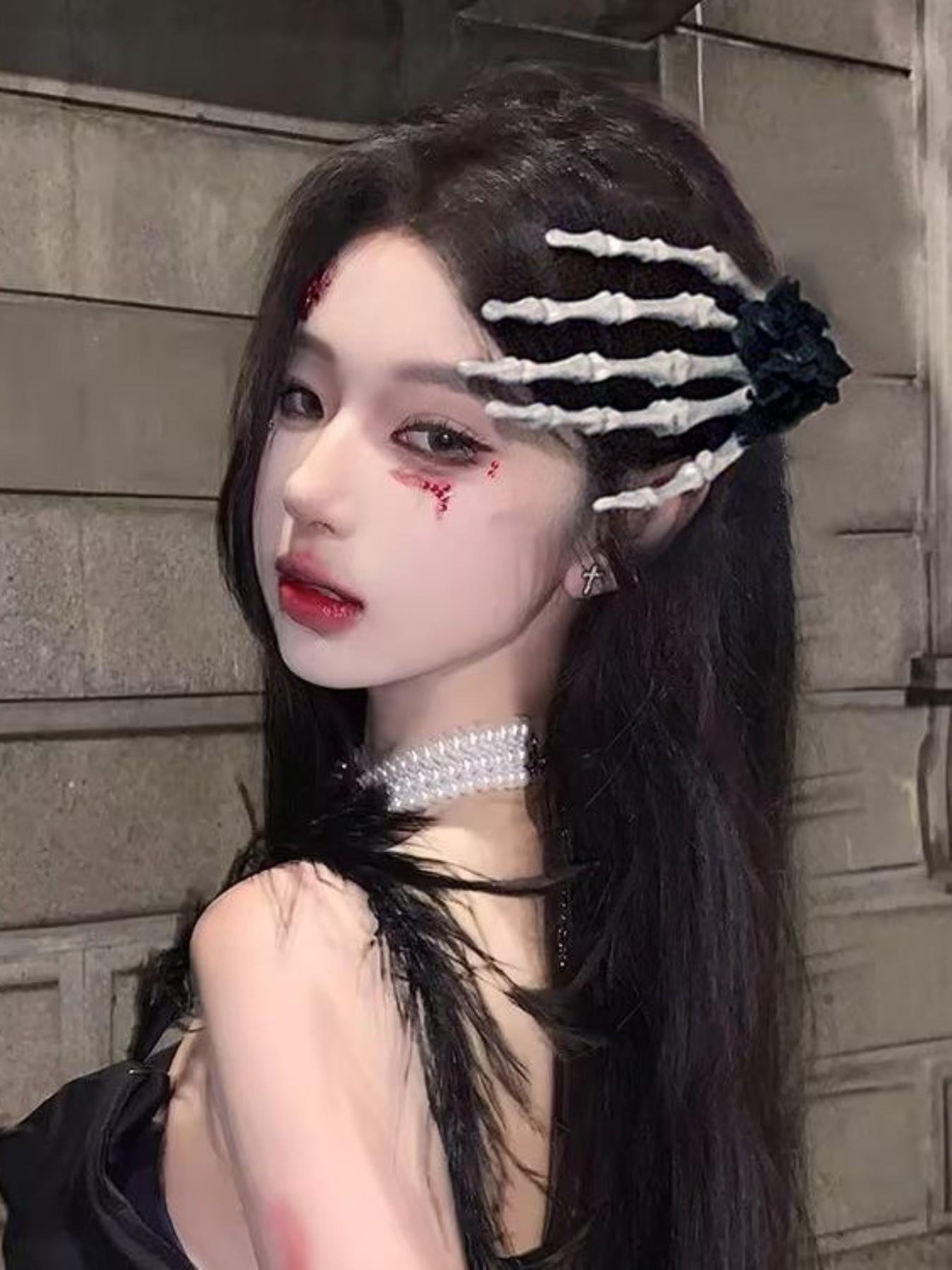 Halloween Skull Hand Claw Hair Clip, Gothic Style Party Accessory, Unique Dark Rose Hair Clip, All-Season Fashion Trend