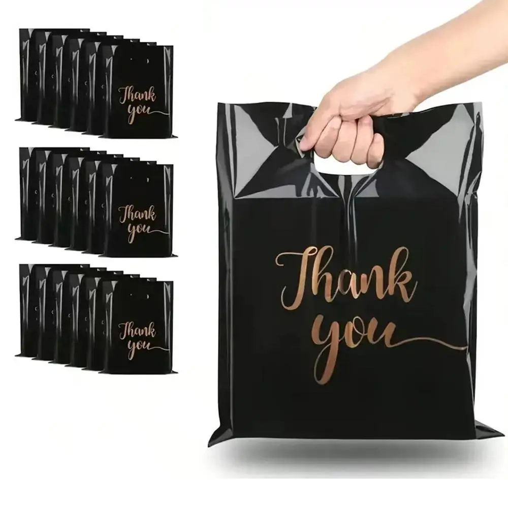 100Pcs Premium Black Gift Bags, Medium Thick Flat Mouth Handheld Tote Bags, Reusable Durable Shopping Bags, Retail Boutique Packaging Bags for Clothing, Christmas Party Favors & Thank You Gifts