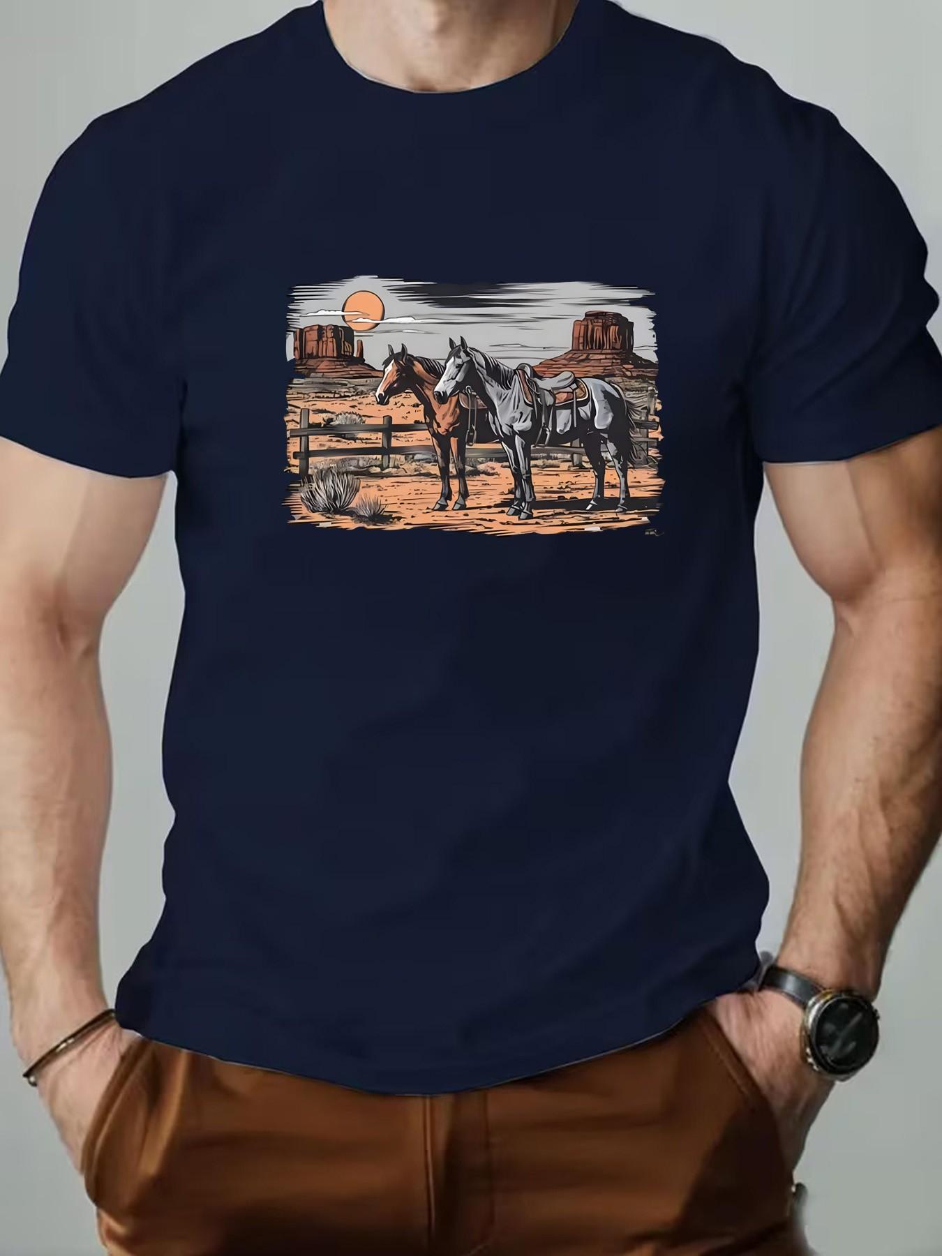 Men's Round Neck T-Shirt, Retro Western Desert Animal Geometric Print, Slim-Fit Casual Short Sleeve, Perfect for Daily Wear and Gifts