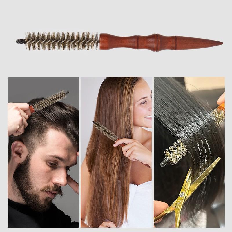 Mini Boar Bristle Round Brush for Short Hair,-0.78-0.70-0.62 Inch Diameter Small Round Barrel Brush for Blow Drying Anti Static Quiff Mini Comb with Wooden Handle for Blow Drying Straightening Curling Wet Thin or Short Hair