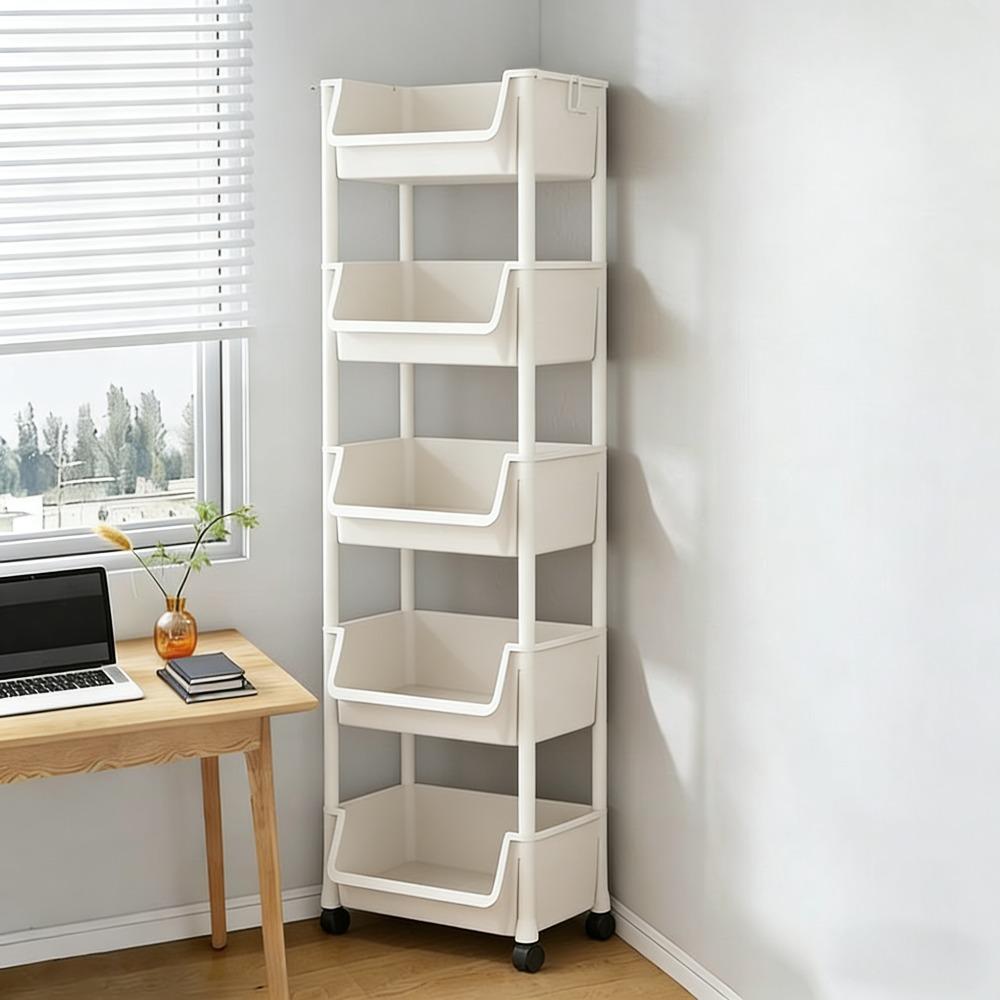 Large Five-Tier Multi-Functional Plastic Storage Cart with Wheels, Durable Sturdy Rack, Layered Organizer for Bedroom Kitchen Bathroom Living Room, Portable and Mobile