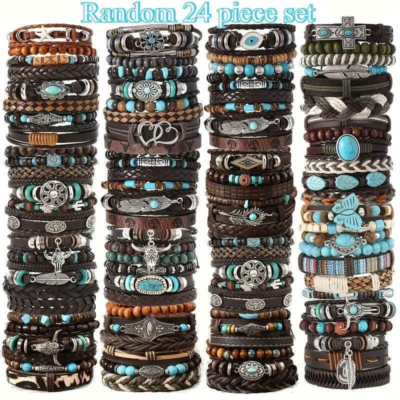 Vintage Western Bracelet Set for Women, Funky Unique Turquoise Jewelry with Layered PU Leather, Wooden Beads, and Feather Charms, Funky Unique Accessories, Bracelet Jewelry, Western Accessories