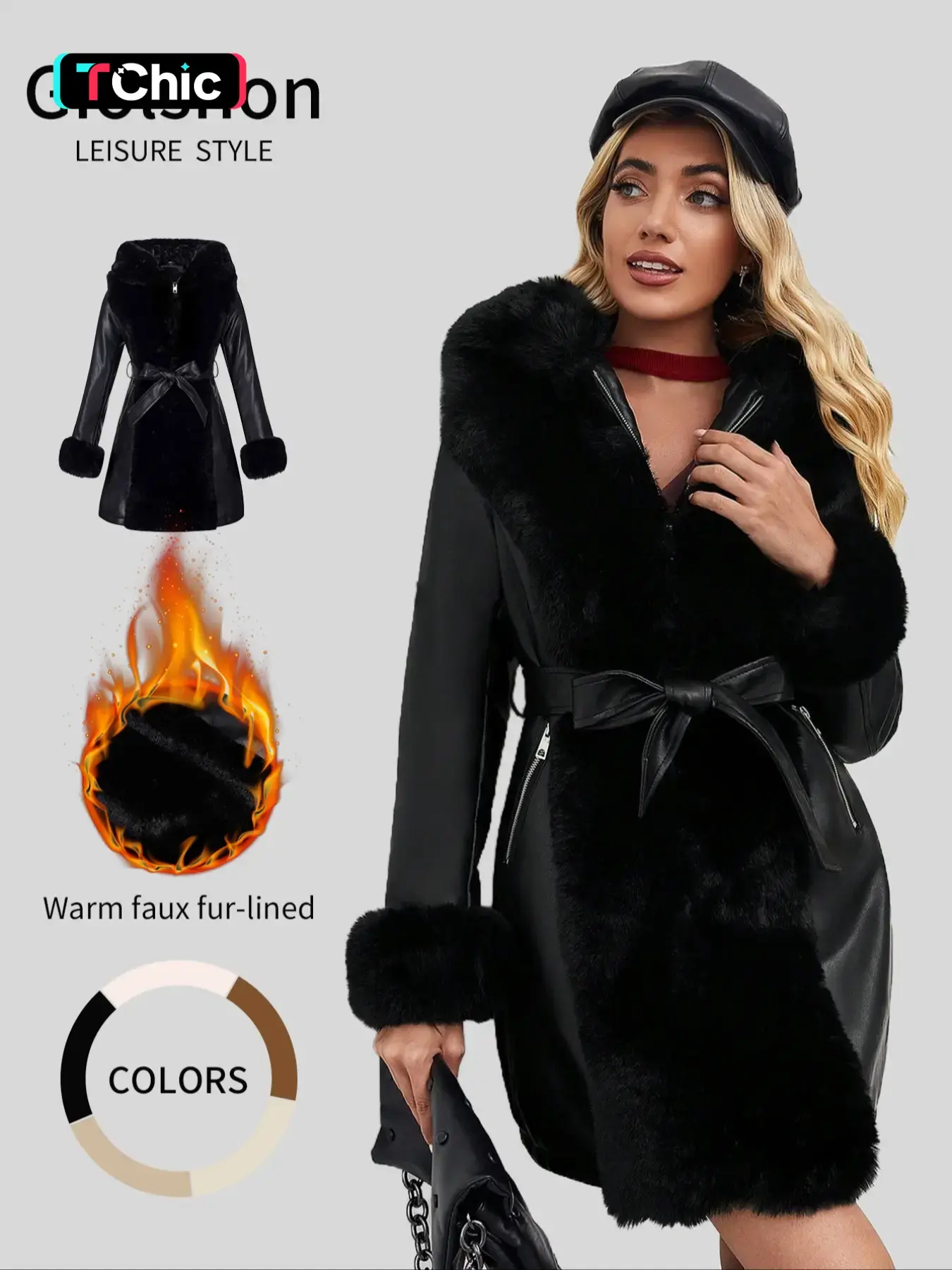 Women's Winter Faux Fur Coat with Belt, PU Patchwork Hooded Jacket, Elegant Casual Warm Waistcoat for Fall & Winter