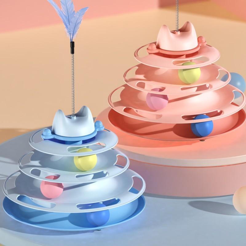 Three-Layer Cat Turntable Toy, Indoor Cat Educational Game Track Tower, Interactive Ball Toy, Three-Color Exercise Game