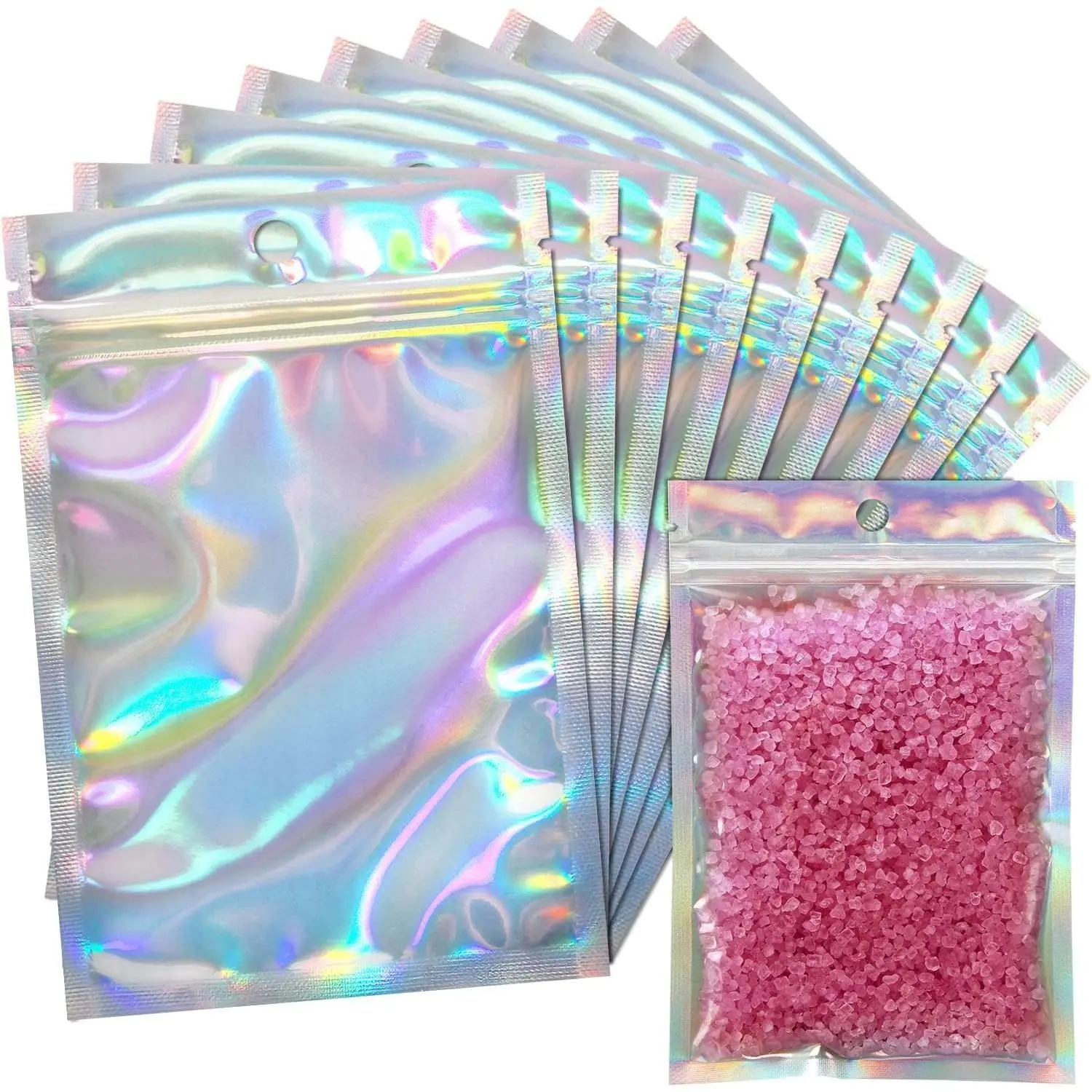 100 Pack Resealable Holographic Bags for Small Business (3 X 4 inches) | Iridescent Mylar Bags with Clear Front and  Hole Smell-Proof Foil Pouches for Multipurpose Storage