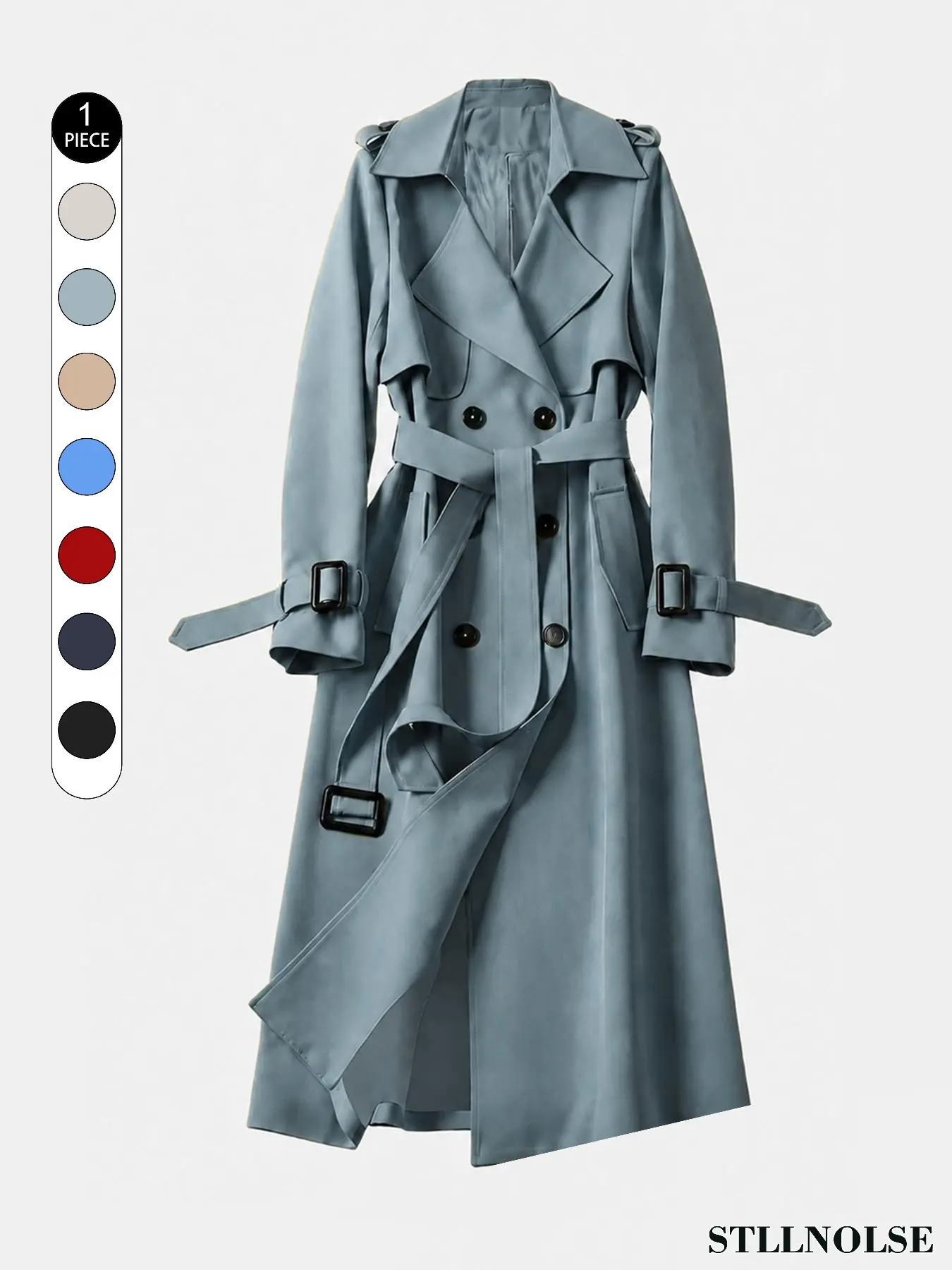 Women's Long Bathrobe-Style Coat, Double-Breasted Tie Design, Notched Collar, Adjustable Sleeves, Elegant Fall Commuter Jacket