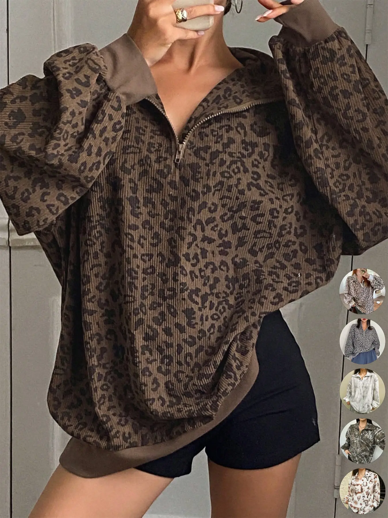 Women's Casual Zip Front Corduroy Long Sleeve Leopard Print Sporty Sweatshirt, Loose-Fitting Spring & Fall Fashion, Comfortable Daily Wear