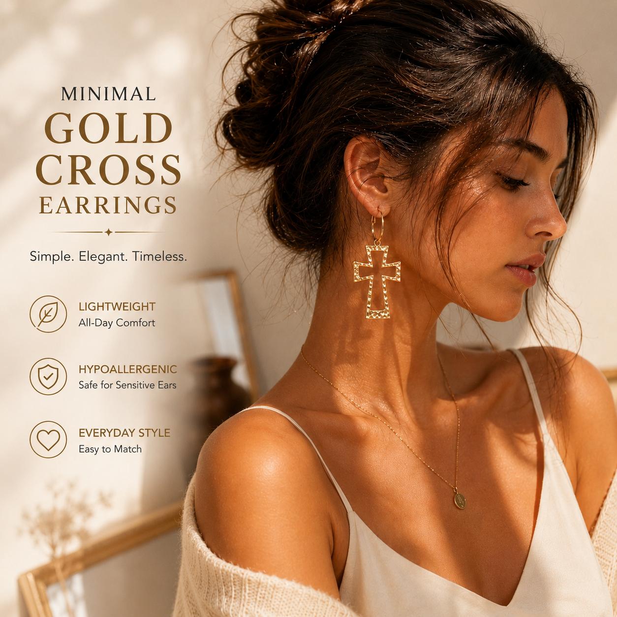 Women's Gold Cross Hoop Earrings - Elegant Minimalist Fashion Jewelry, Unique Hammered Texture Non-Natural Crystal Dangle, Lightweight Gothic Y2K Style, Ideal Gift for Her, Elegant Minimalist Earrings