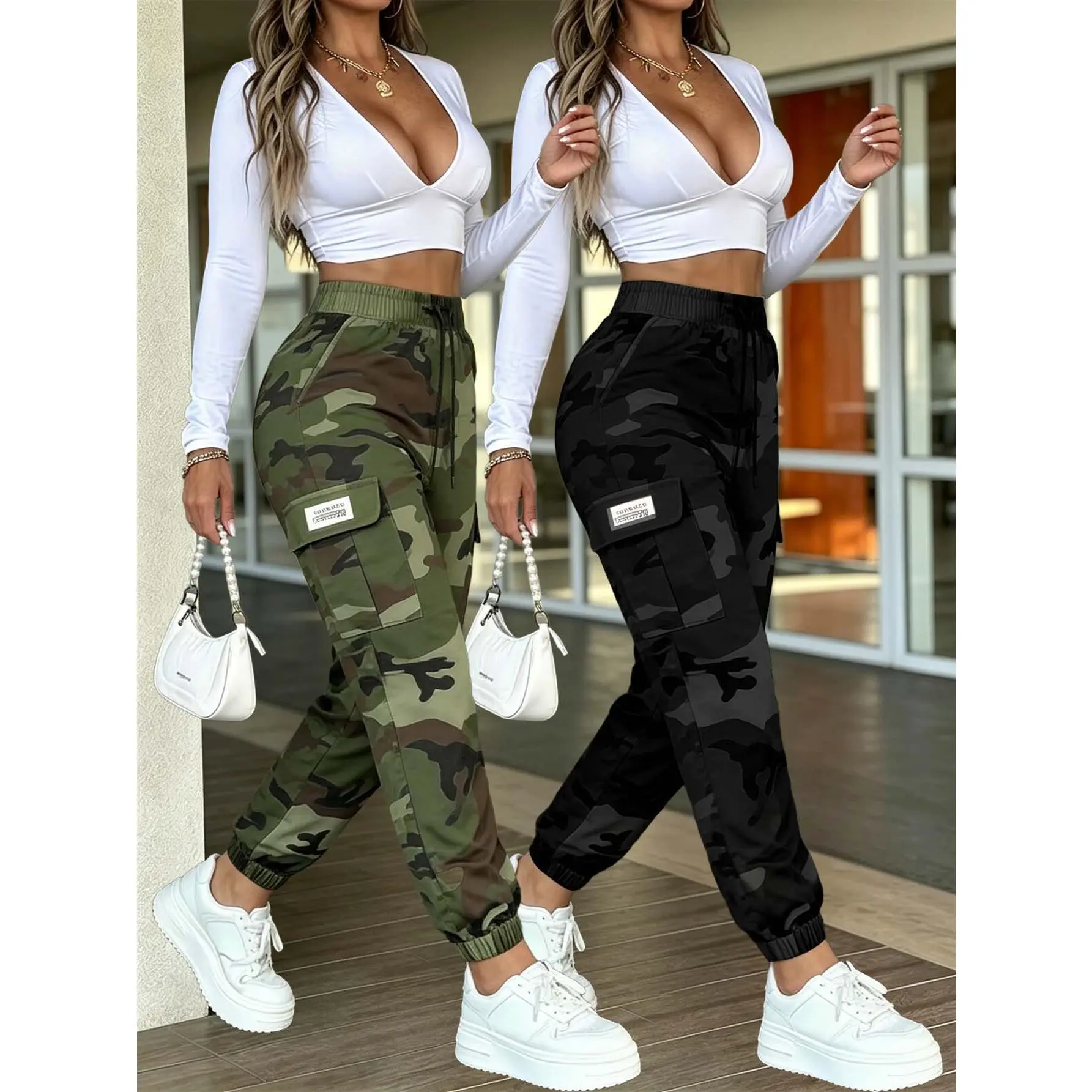 Unisex 2-Pack Loose-Fit Tactical Camo Jogger Pants - Polypropylene Quick-Dry Breathable Fabric, Adjustable Drawstring Waist, Flap Cargo Pockets, Machine Wash, Ideal for Outdoor Hikes, Casual Use