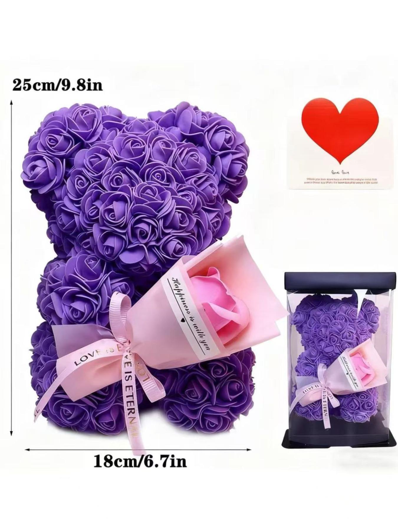 Roses Bear Holding Flower Bouquet Gift Set, Valentine's Day Proposal Gift for Girlfriend, Mother's Day Love Gift for Mom, No Necklace Included