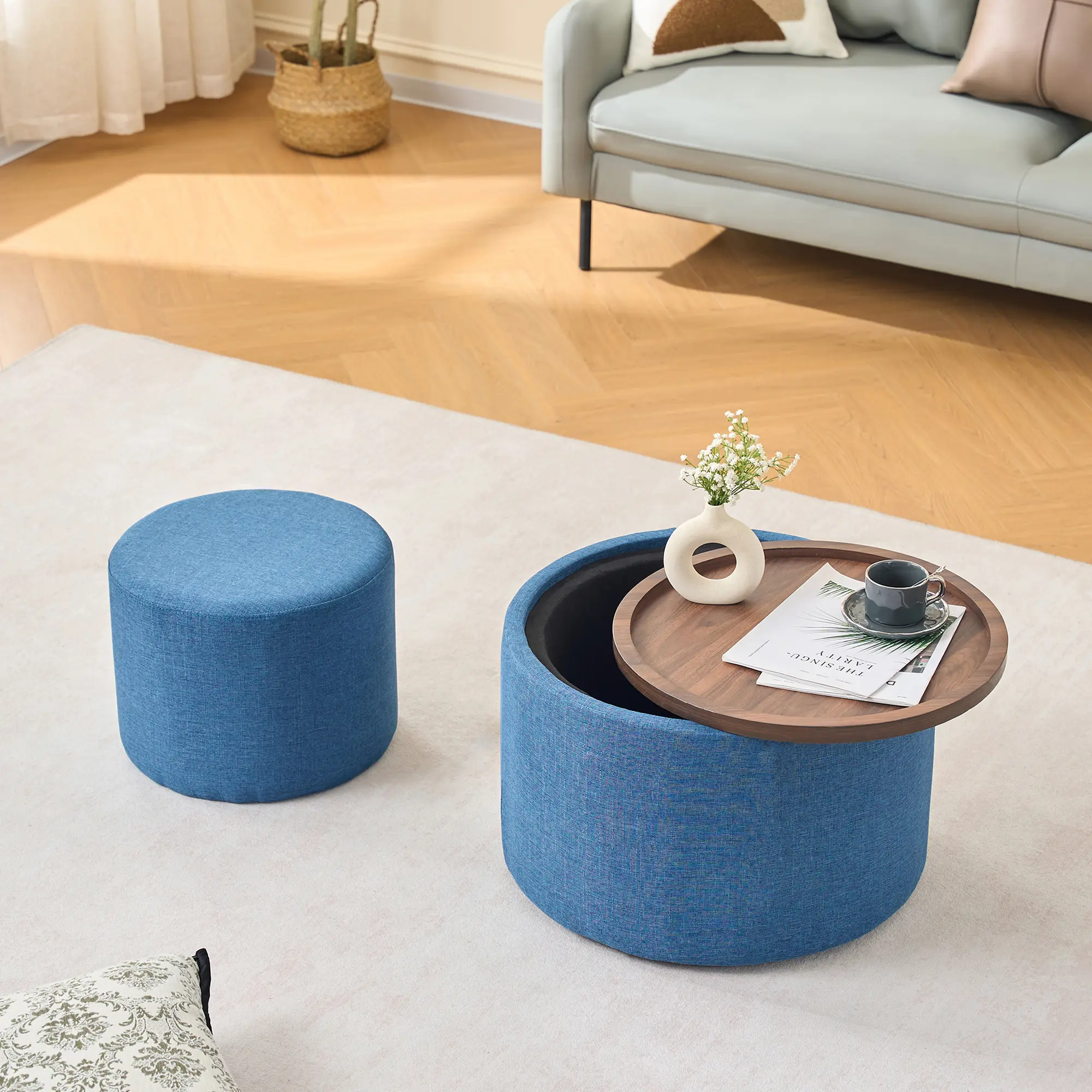 Nokaa Set of 2 Nesting Storage Ottomans with Wood Tray, Linen Upholstered Round Footstool, 22.75" Coffee Table and Bench, Hidden Storage, Sturdy Wood Frame, Blue, for Living Room Bedroom Dorm, Blue Color Options, Linen Material, Modern Style