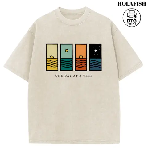 Holafish Oversize Acid Wash Vintage One Day At A Time Graphic T-Shirt, Minimal Retro Daily Casual Tee, Heavyweight Cotton Streetwear Unisex Crewneck Tshirt