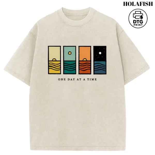Holafish Oversize Acid Wash Vintage One Day At A Time Graphic T-Shirt, Minimal Retro Daily Casual Tee, Heavyweight Cotton Streetwear Unisex Crewneck Tshirt