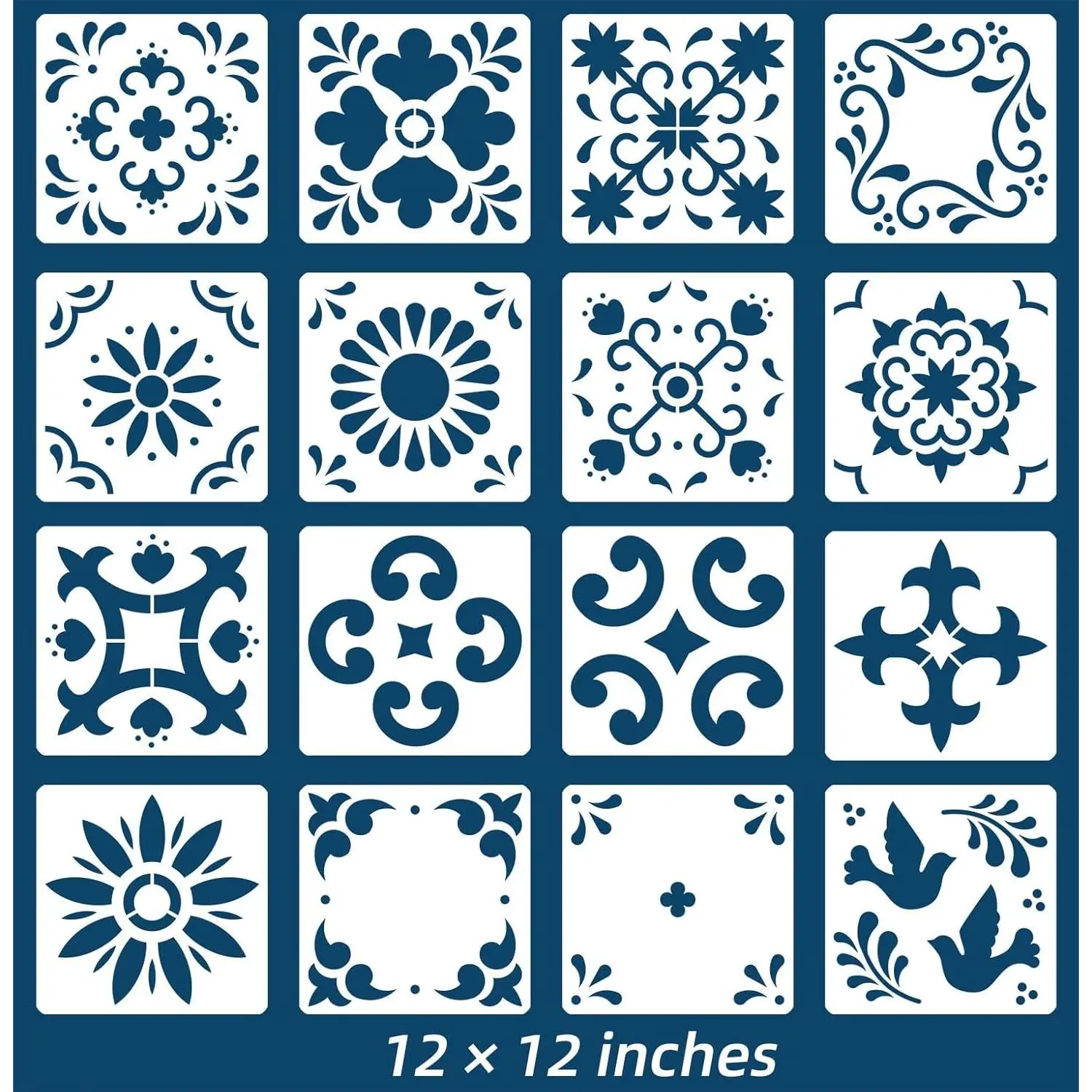 16 Pack 12X12 Inch Tile Stencil Set, Mexican Stencil Pattern Reusable Stencils for Painting Floor Wall Furniture Canvas DIY Mexican Talavera Home Décor