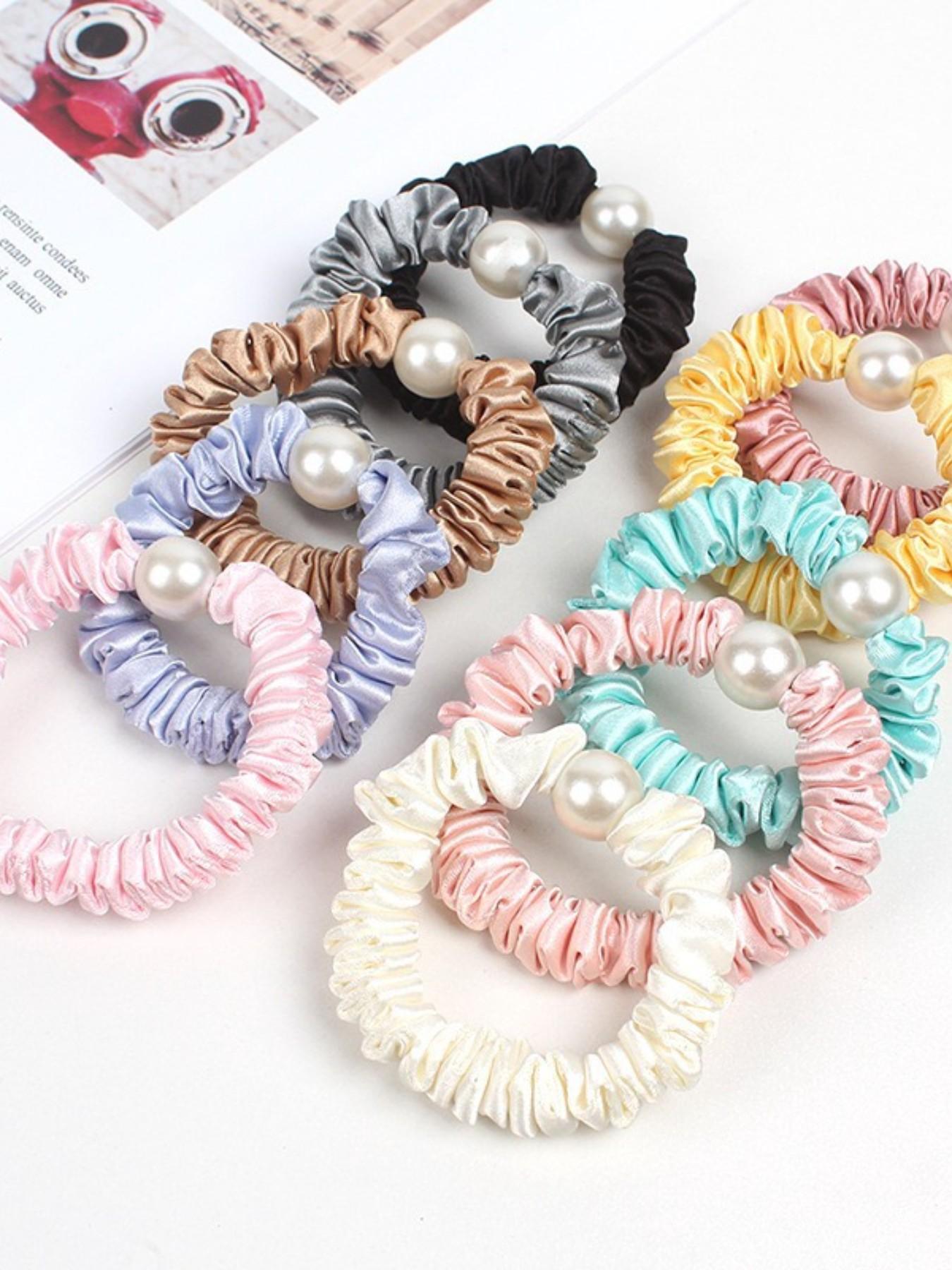 KatchMe Gift, Elegant Satin Faux Pearl Hair Tie (Surprise Color) 1 Piece, Elastic Hair Band for Women, Gentle on Hair, Hair Accessories