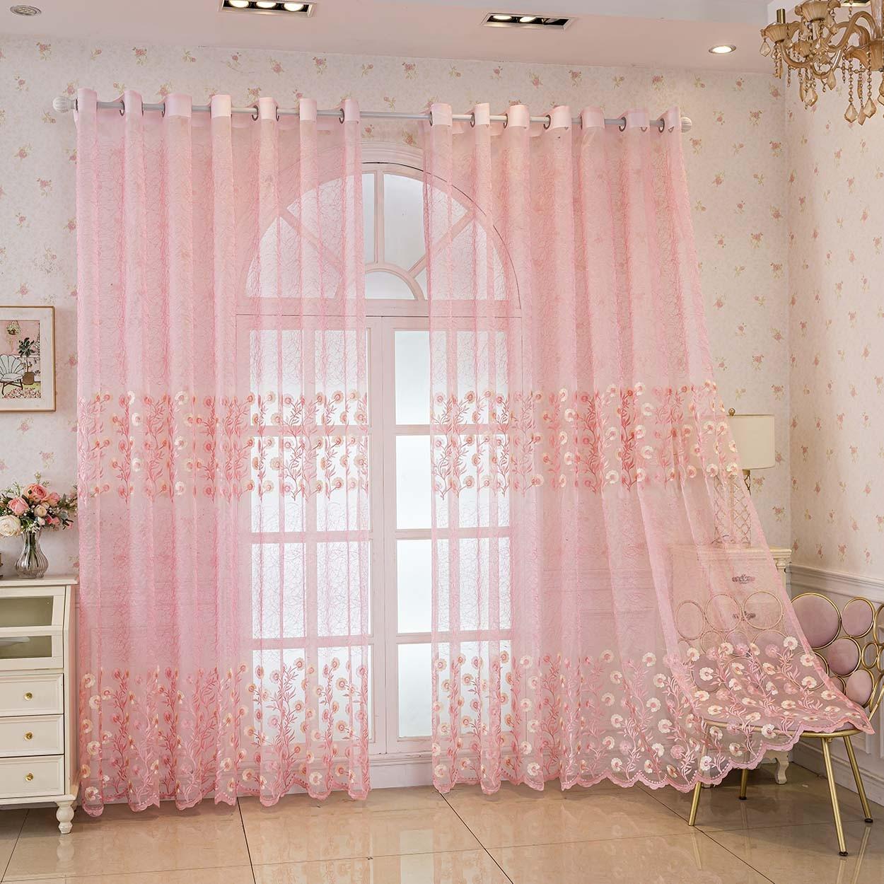1panel Cherry Blossom Embroidered Transparent Curtain, Top Ring Hanging, Bedroom Balcony Living Room Decor, Create Atmosphere