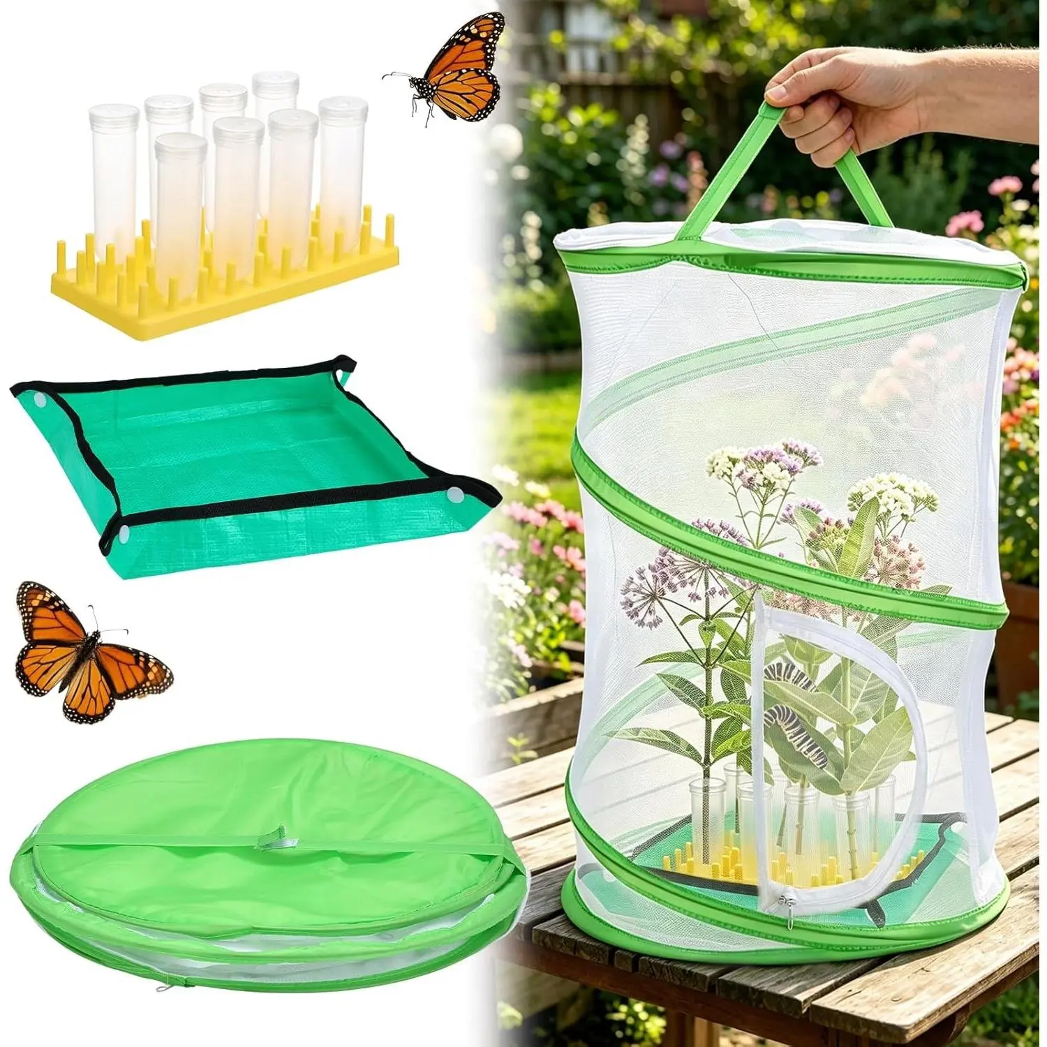 Large 14"W x 20"H Butterfly Habitat Kit Collapsible Mesh Growing Cage Easy Setup Monarch Caterpillars Enclosure House with Feeding Tubes Rack Holder Messproof Mat & Guide