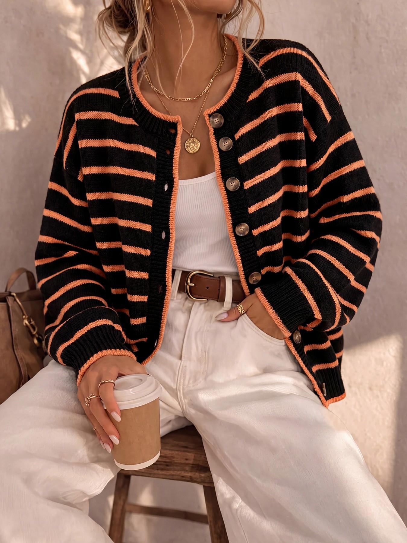 Women's Round Neck Drop Shoulder Single-Breasted Contrast Stripe Long Sleeve Fall/Winter Casual Fashion Loose Versatile Knit Cardigan – Urban Commute, Retro Street Sweater Wear