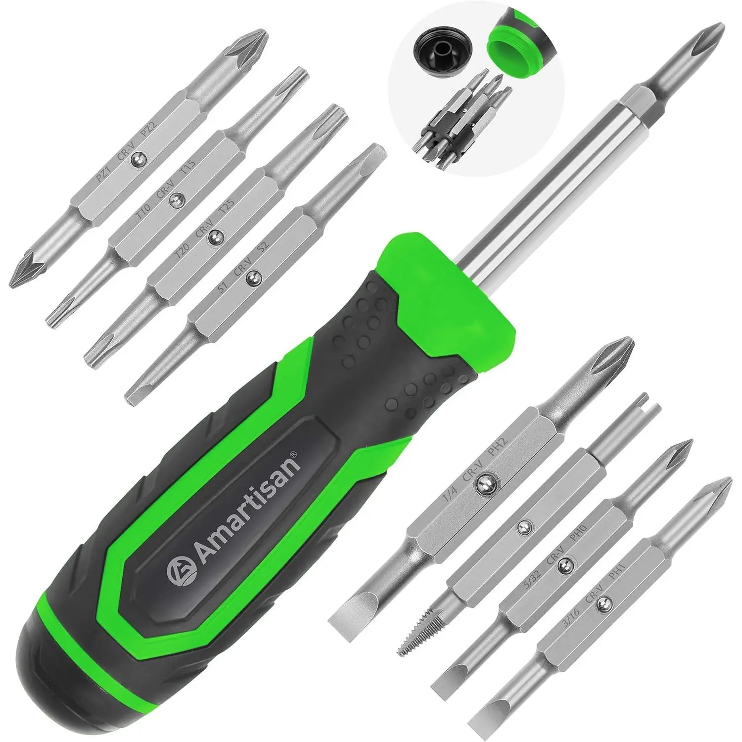 18-in-1 Multi-bit Screwdriver Set Tool, Multi-Purpose Screwdriver, Slotted//Pozi/Torx/Square,Nut Driver (Green)