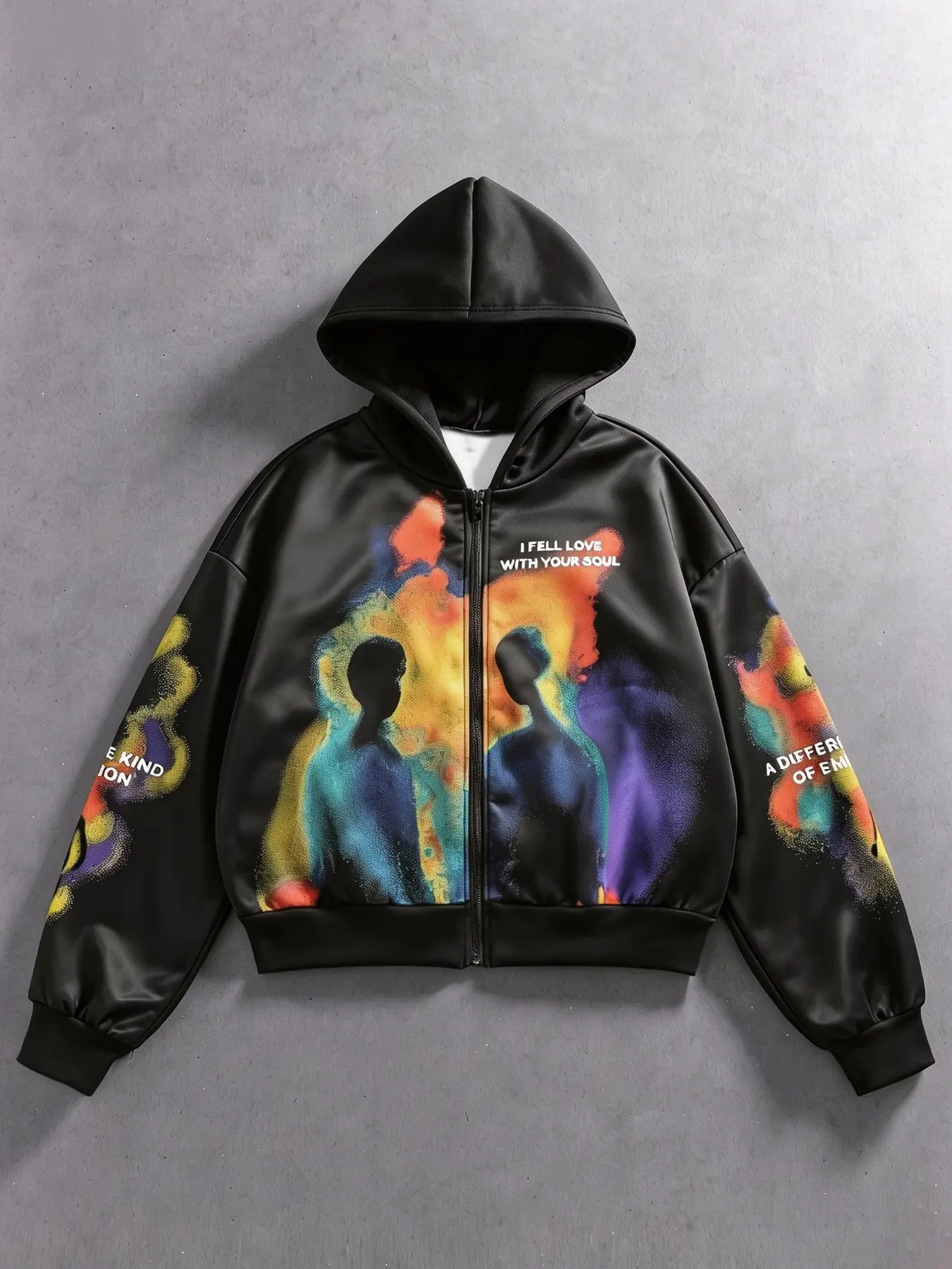 American Street Print Zipper Hooded Sweatshirt, Men's Short Oversize Loose Fit Jacket, Hip Hop Dark Men's Top, Casual Letter Pattern, Graphic Hooded Sweatshirt