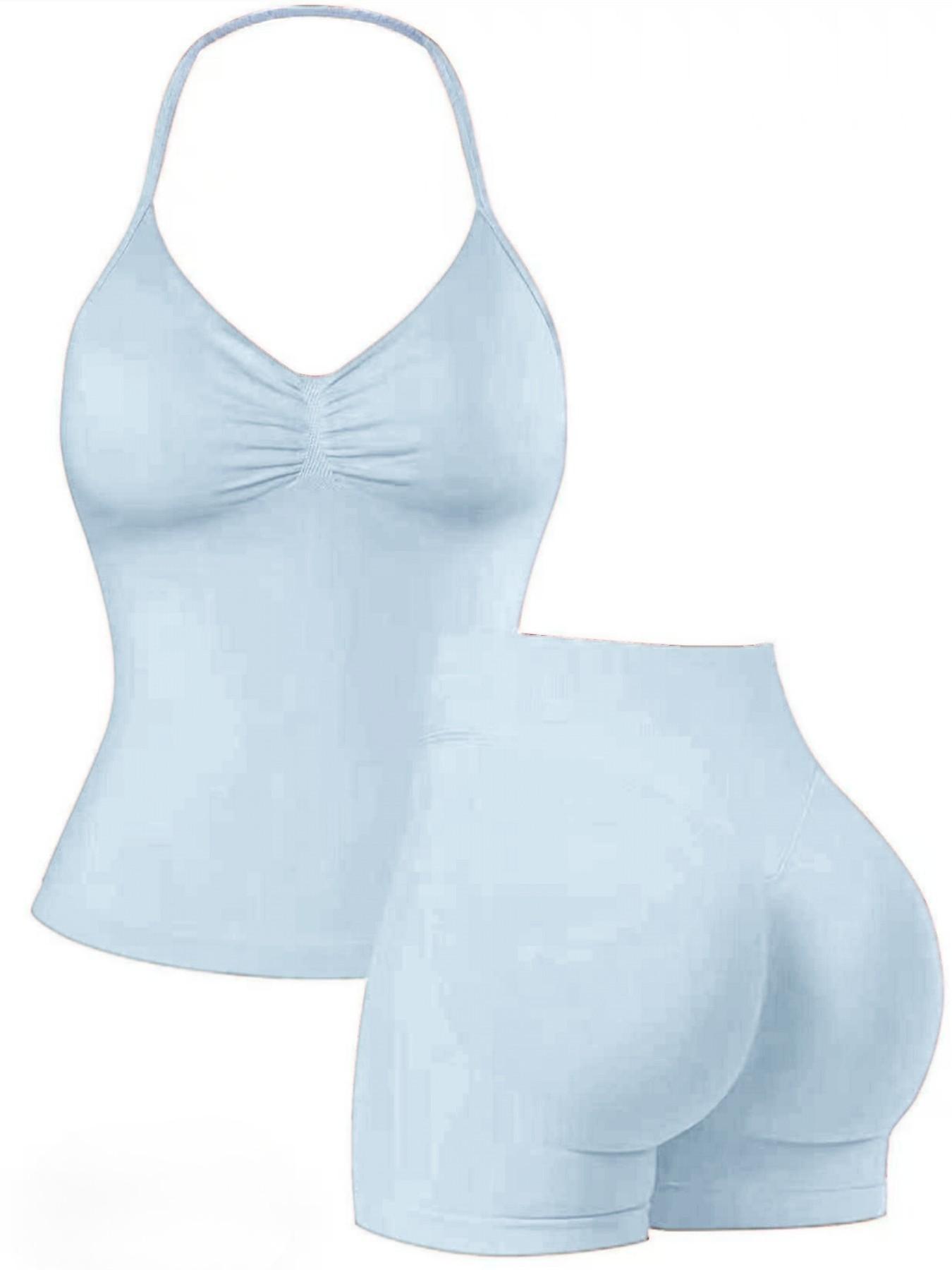 Women's Upgraded Square Neck Halter Sports Tank Top and High Waist Shorts Sporty Set, Sportswear, Yoga Clothes, Perfect for Yoga Fitness Party