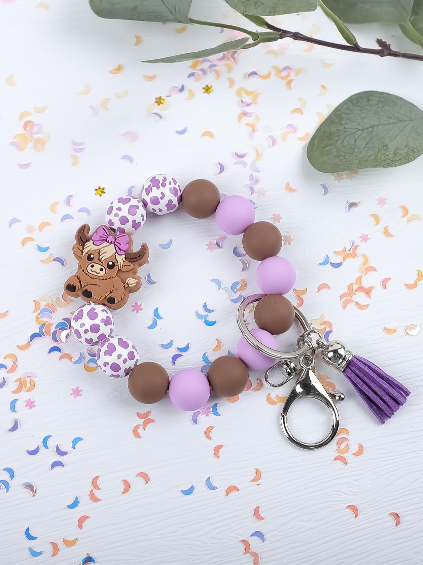 Cute Farm Style Beaded Wrist Keychain, Multiple Colors Available, Spot Pattern Beads with Bow Cow Design, Perfect Gift for Friends & Family