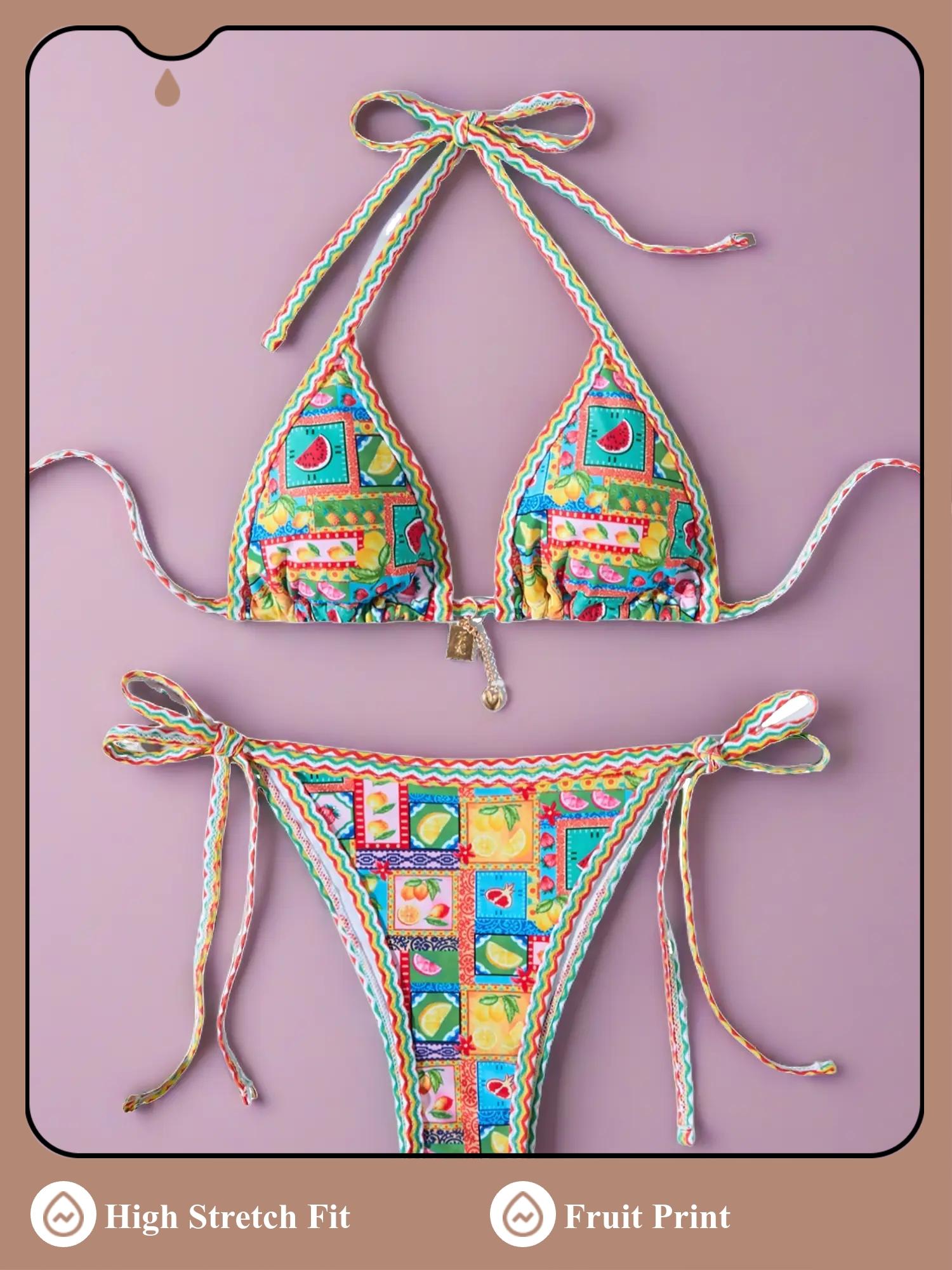 Two-Piece Set Women's Fruit Print Pendant Decor Halter Triangle Bikini Set for Beach Holiday Vacation, Ladies Swimwear for All Seasons, High Stretch Bikini