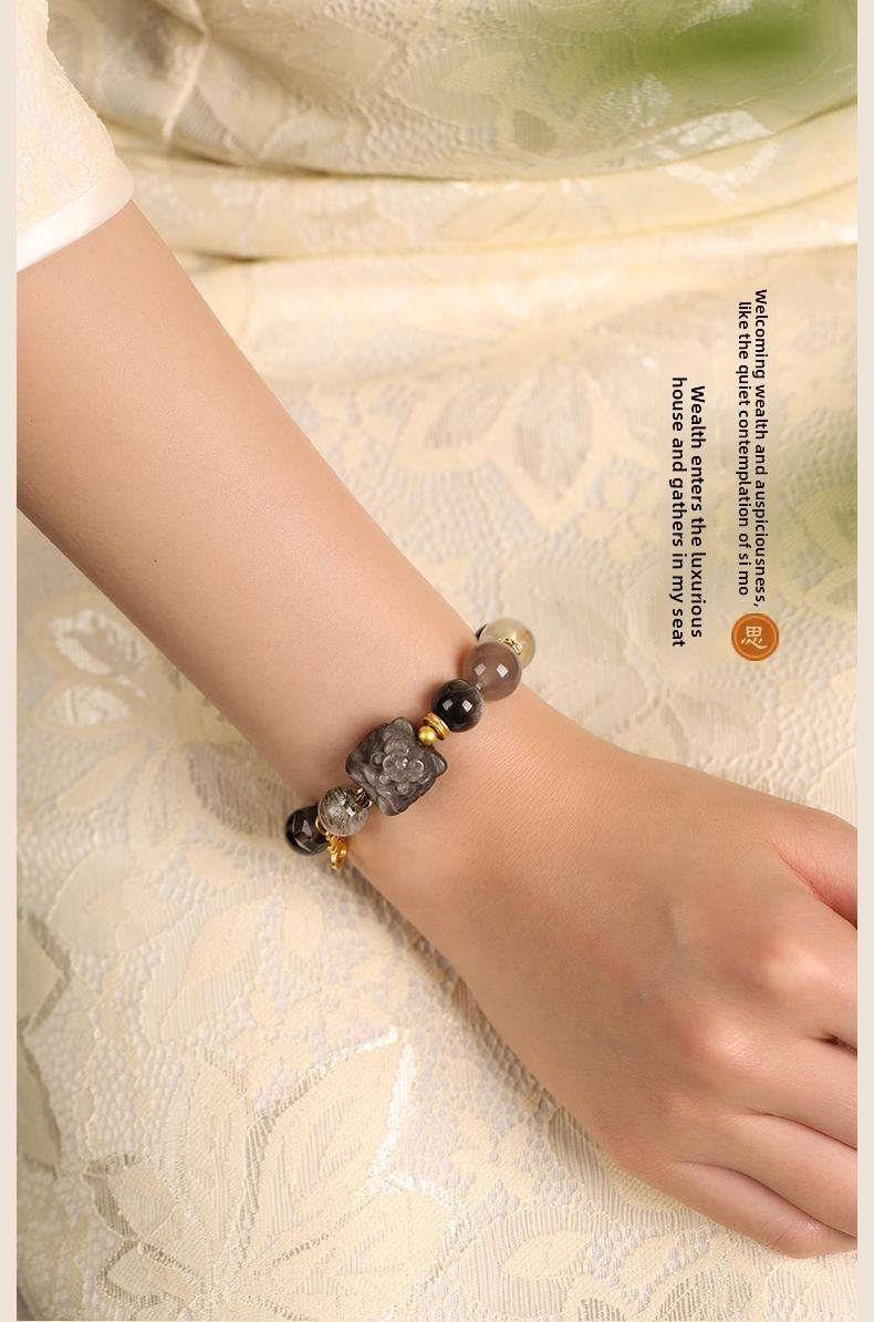 [Wealth Abundance] crystal bracelet, silver obsidian grey agate smoky quartz super seven tiger eye white crystal, unisex, daily wear gift, 10mm beads, natural stone lion ornament gold accents, wealth blessing abundance symbol