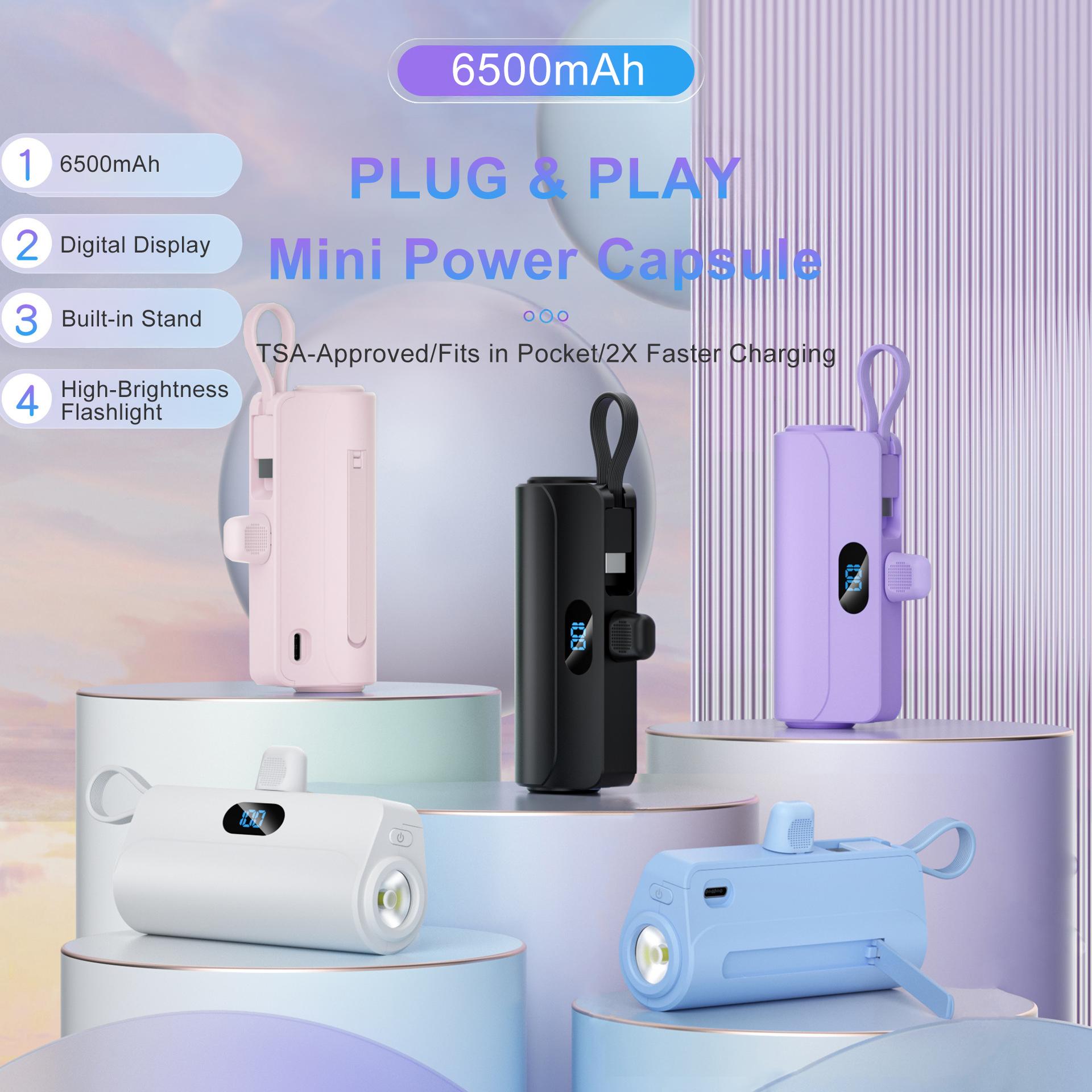 Mini Capsule Power Bank 6500mAh | 22.5W Fast Charge Portable Charger with Stand, Dual USB-C for iPhone & Android