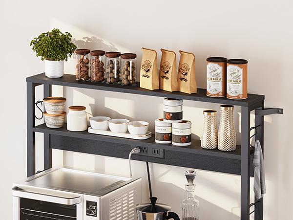 HOOBRO Bakers Rack Microwave Stand with Trash Can Bin Cabinet, 5-Tier Kitchen Organiser Storage Shelf Cabinet with Power Outlet, Tall Coffee Bar Table Station for Dining Room, Living Room#springtok