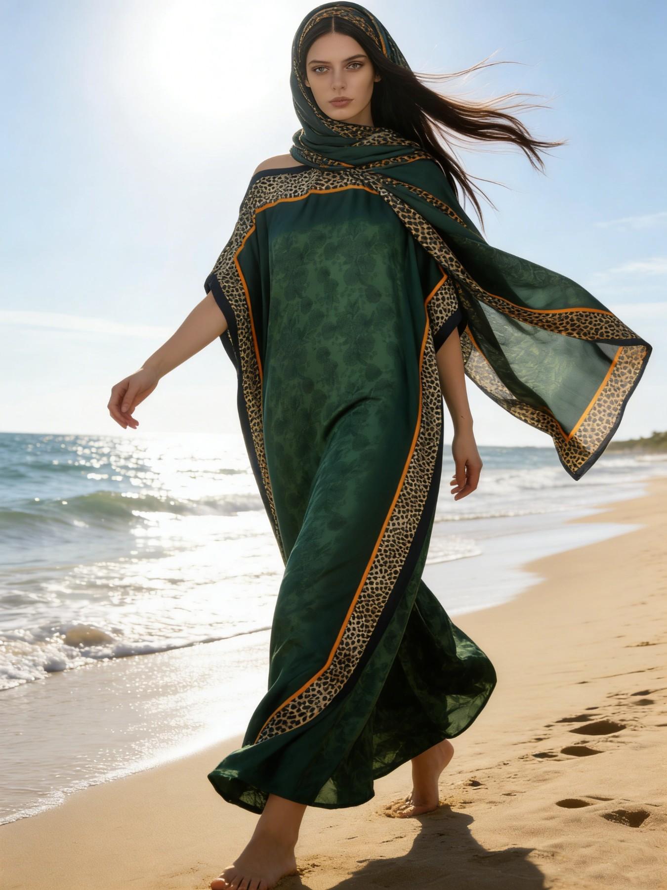 1dress+1scarf Viral Emerald Green Floral Print Satin Kaftan Maxi Dress with Matching Scarf – Silky Loose Fit, Plus Size Friendly, Luxury Loungewear, Beach Cover Up & Evening Party Wear, Must-Have Resort Fashion Piece