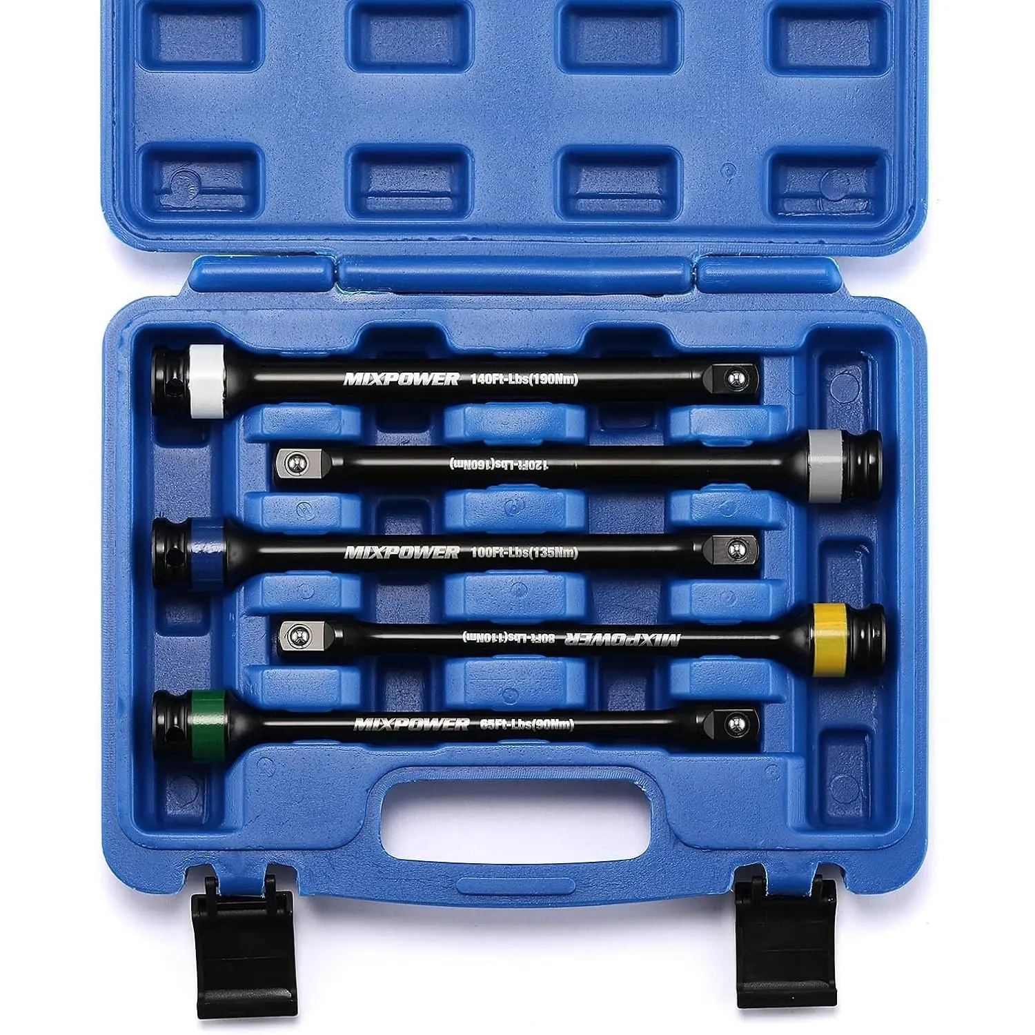 5 count 1/2" Drive Torque Limiting Socket Extension Bars, CR-MO, 8 Inch Long,  Grade Bars -Color Coded for Easy , 65 to 140 Ft-Lbs,  Torque Limiter Set