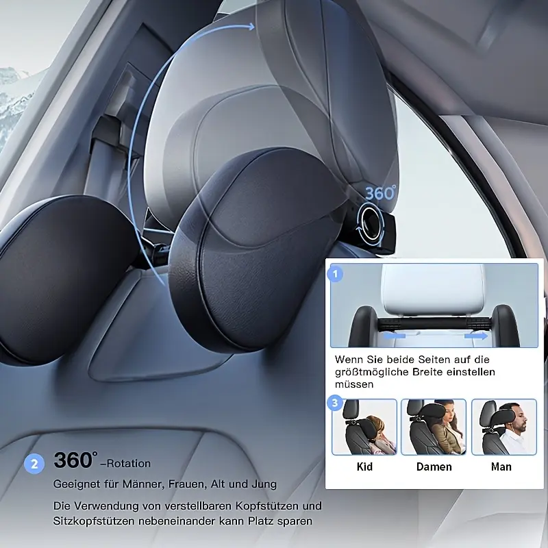 360° Adjustable Ergonomic Car Headrest with Memory Foam and Side Cushions – Fits Most Cars; One-Touch Sleep Support; Ideal for Travel (Compatible with BMW, Mercedes-Benz, etc.); Vehicle Head Support Adjustable Padded Headrest | Durable ABS Material